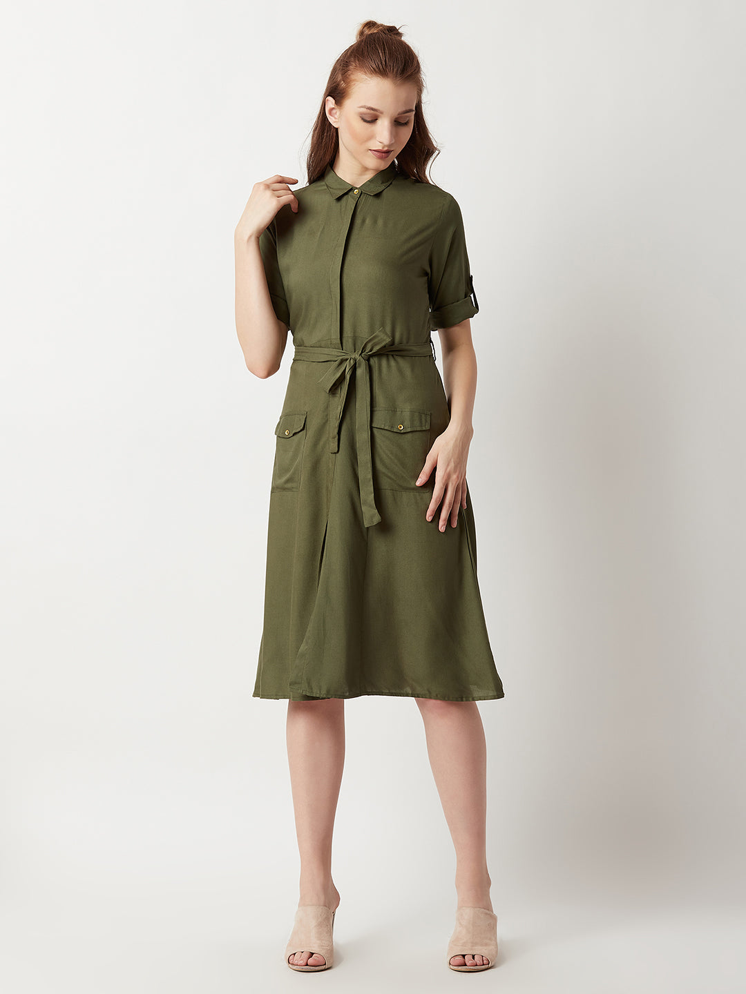 Women's Olive Green Round Neck Rolled Up Half Sleeve Solid Buttoned Paneled Midi Shirt Dress