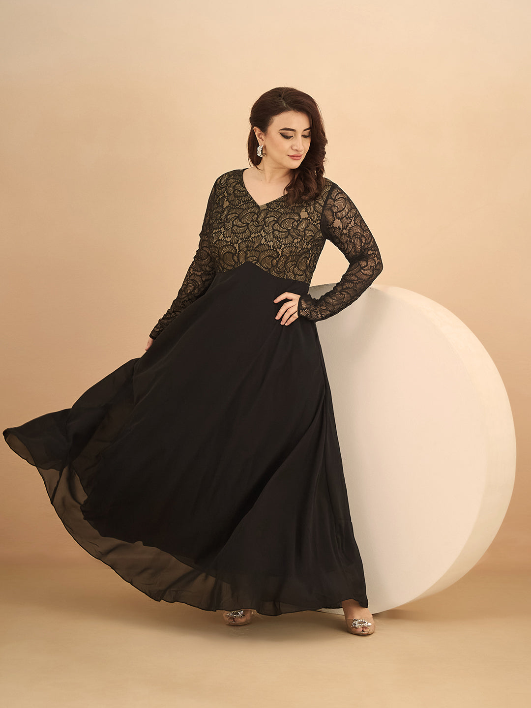 Black V-Neck Full Sleeve Self Design Lace-Overlaid Georgette Maxi Dress for Women