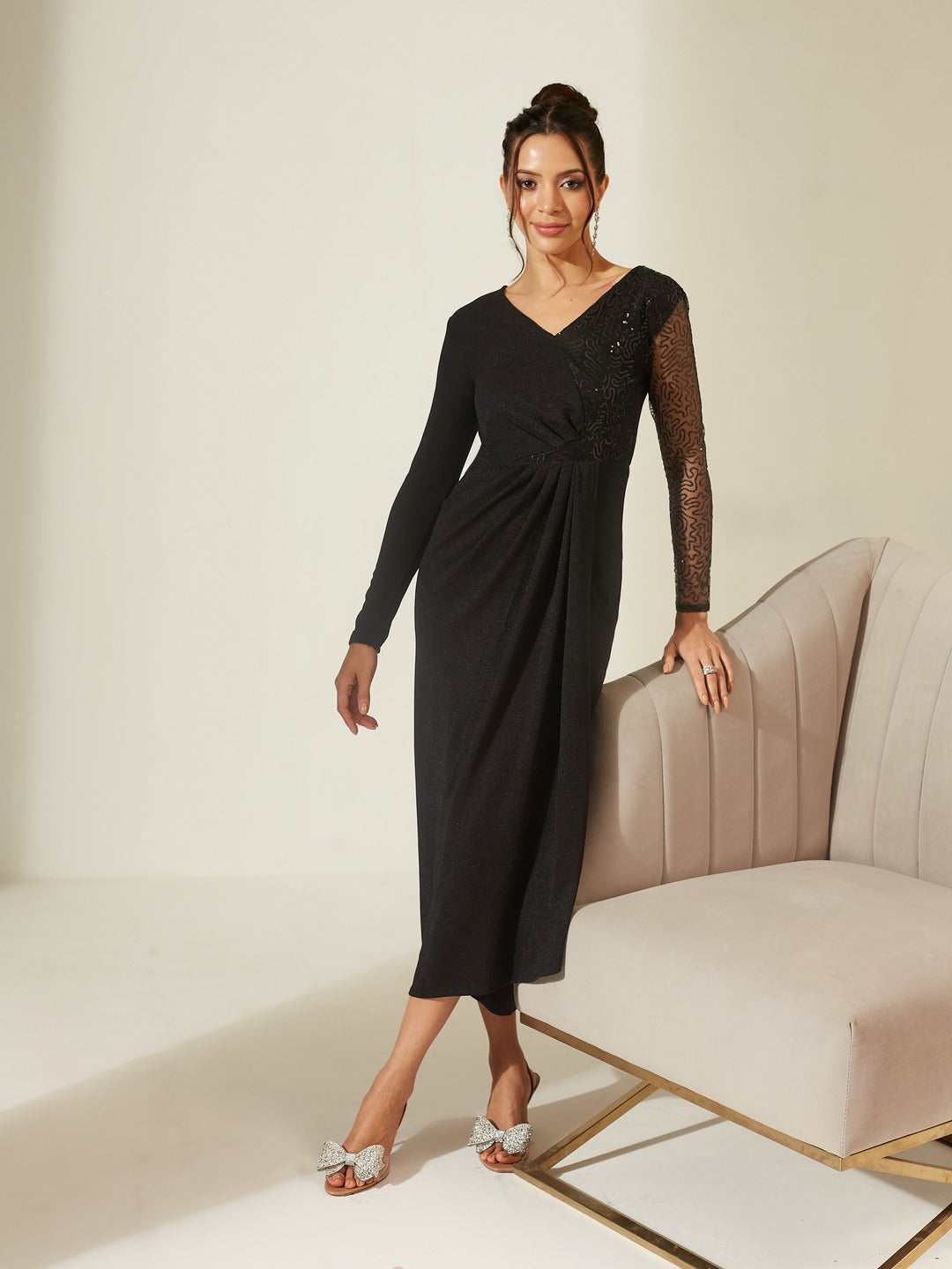 Black V-Neck Full Sleeve Embellished Pleated Longline Dress for Women