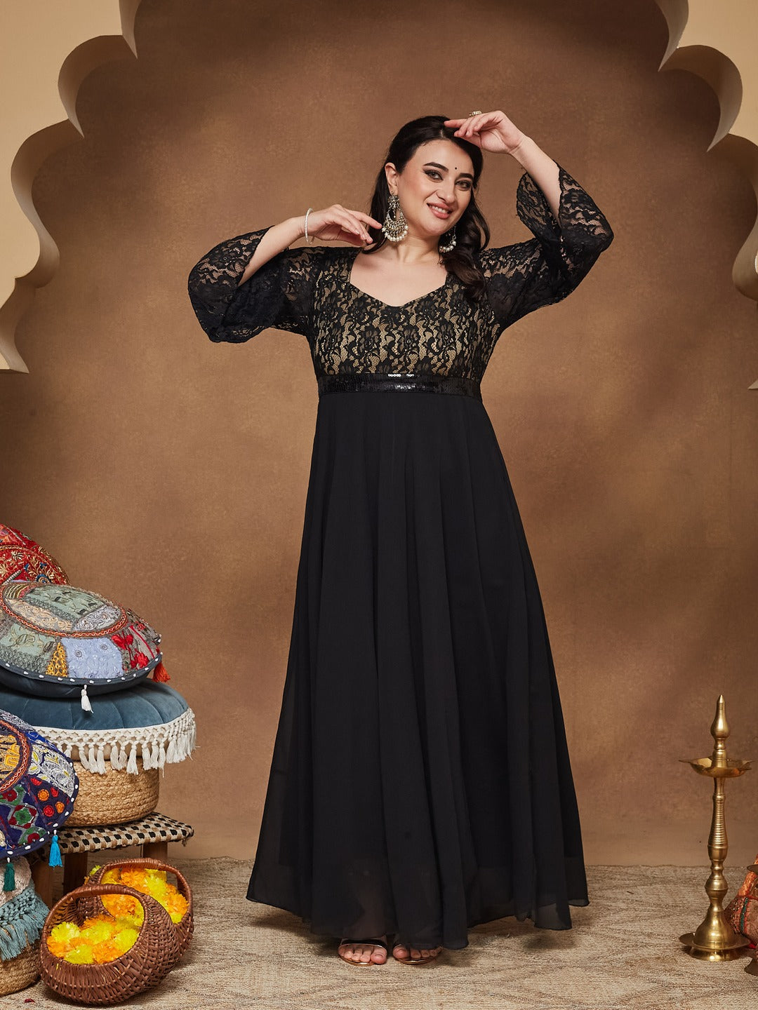 Black Sweetheart-Neck Full Sleeve Floral Lace-Overlaid Georgette Maxi Dress for Women