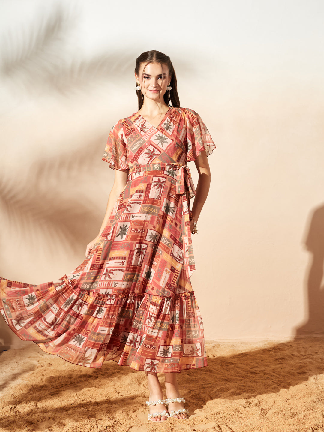 Peach Floral Printed Flutter Sleeves Maxi Dress for Women