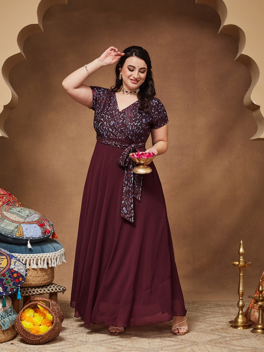 Wine Colored V-Neck Short Sleeve Self Designed Lace Overlaid Maxi Georgette Dress for Women