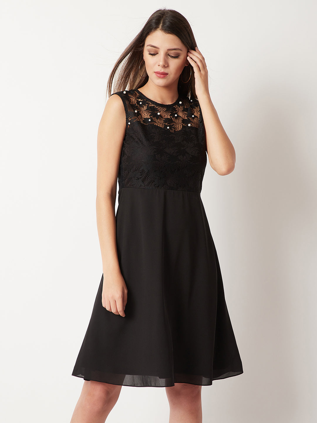 Women's Black Round Neck Sleeveless Solid Paneled Lace And Pearl Detailing Knee Length Skater Dress