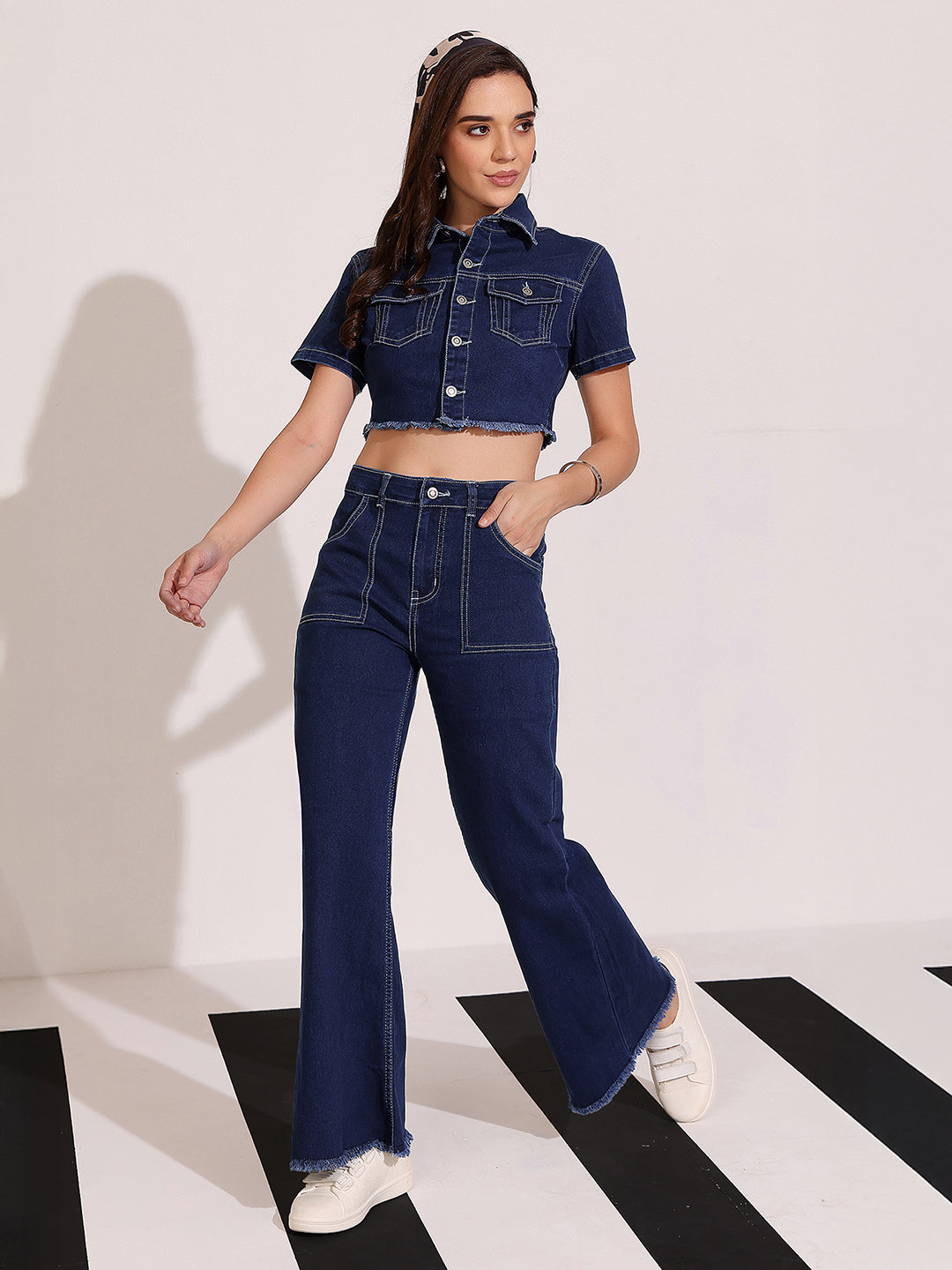 Women's Navy Blue Bootcut High-Rise Clean-Look Cropped Top, Regular Bottom Stretchable Denim Co-Ord Set