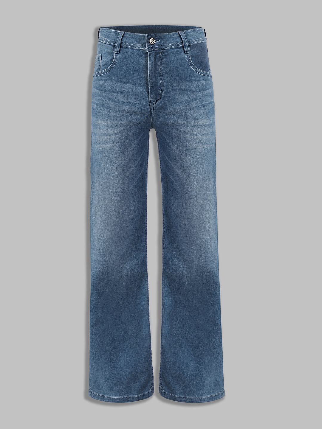 Women's Light Blue Wide-Leg Mid-Rise Blast-Effect Lightweight Denim Jeans