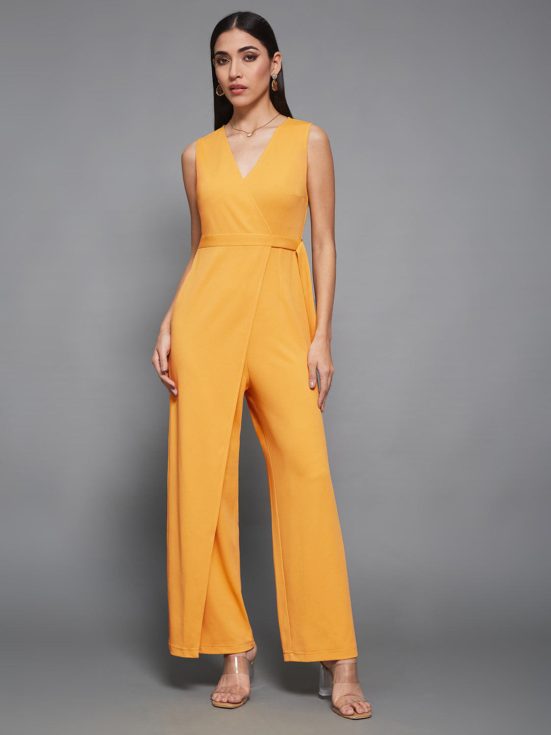 Mustard Yellow V-Neck Sleeveless Solid Wrap Regular Length Jumpsuit