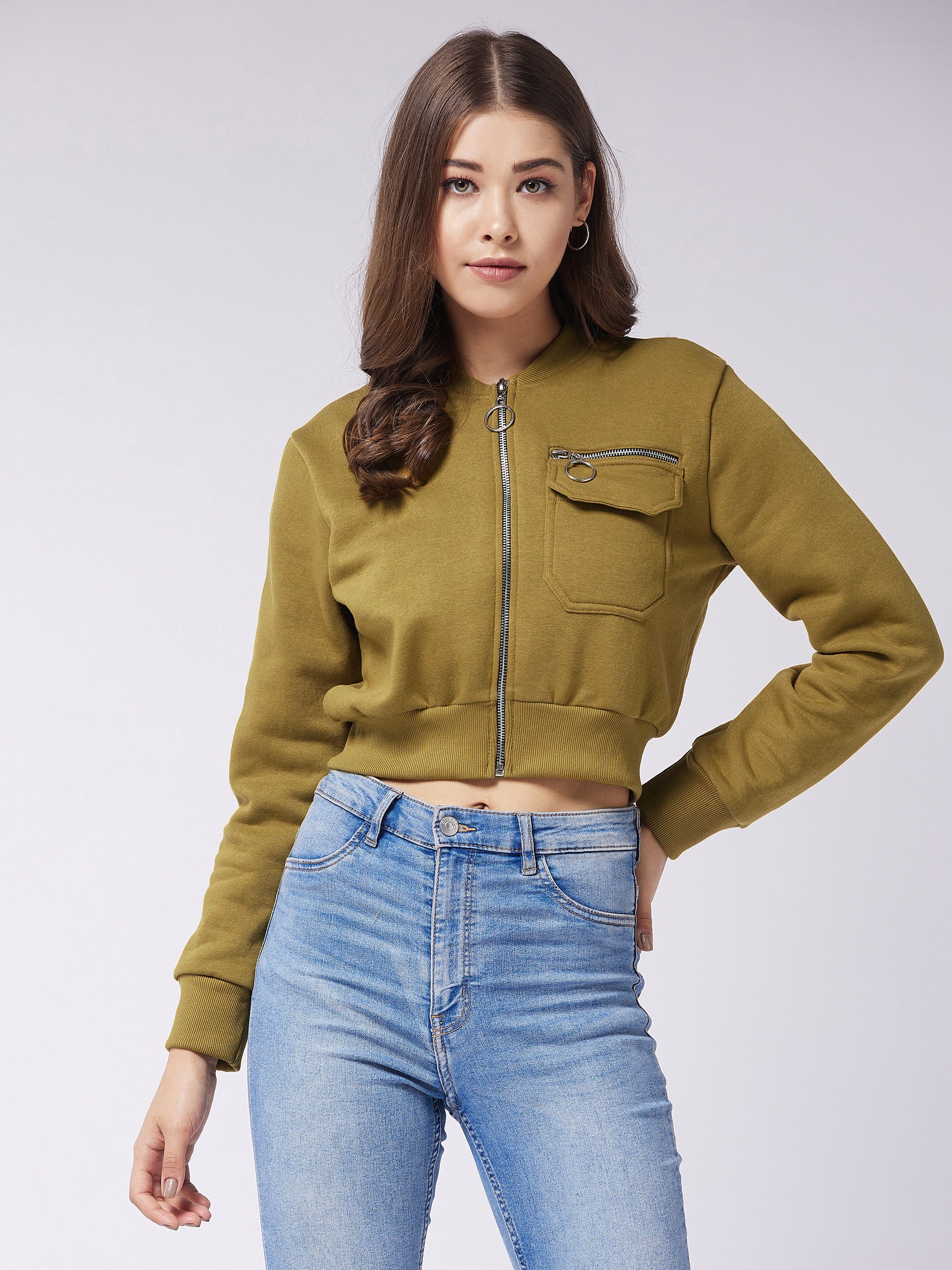 Olive Stand Collar Full Sleeve Solid Boxy/Bomber Crop Jacket for Women
