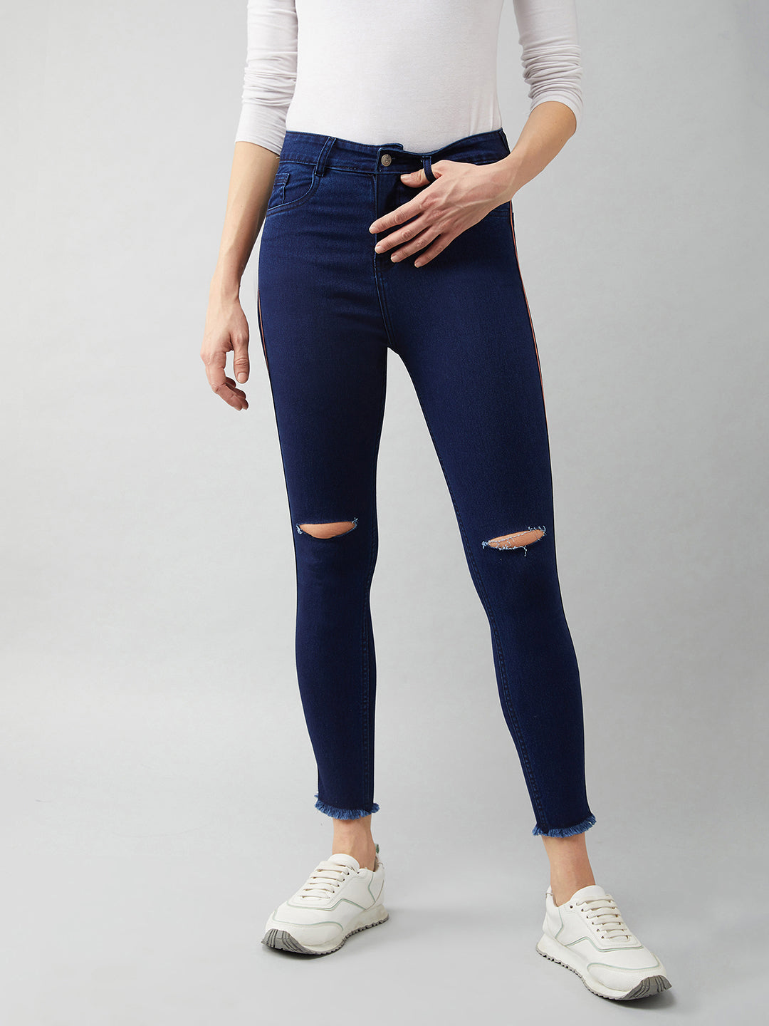 Women's Navy Blue Skinny Fit High Rise Cropped Denim Stretchable Jeans