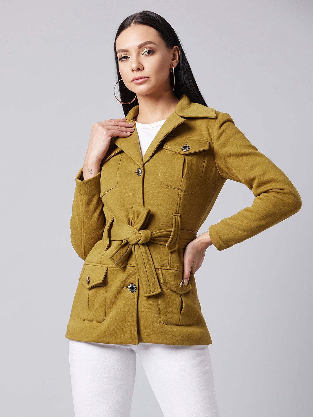 Women's Olive Notch Collar Full Sleeve Solid Safari Longline Jacket