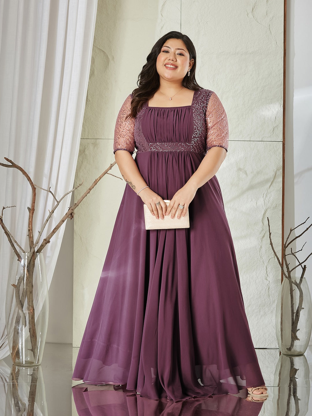 Mauve Square Neck Half Sleeve Solid Embellished Maxi Dress for Women