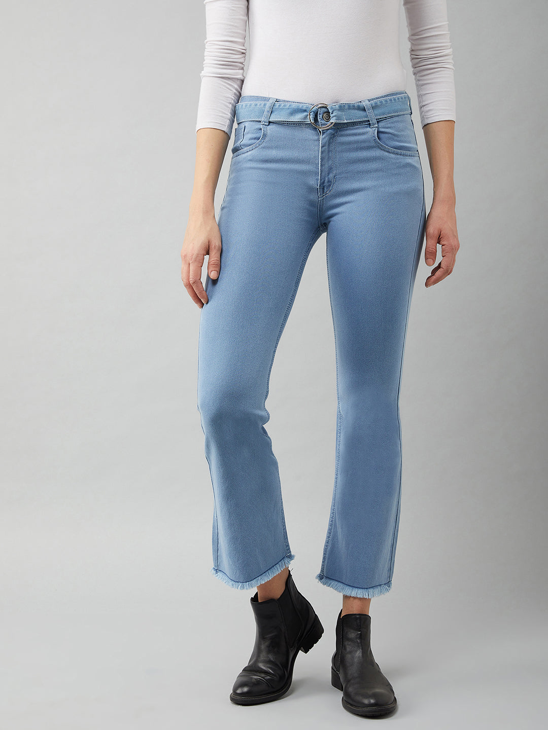 Women's Light Blue Cotton Bell Bottom Bootcut Cropped High Rise Stretchable Timeless Denim Jeans