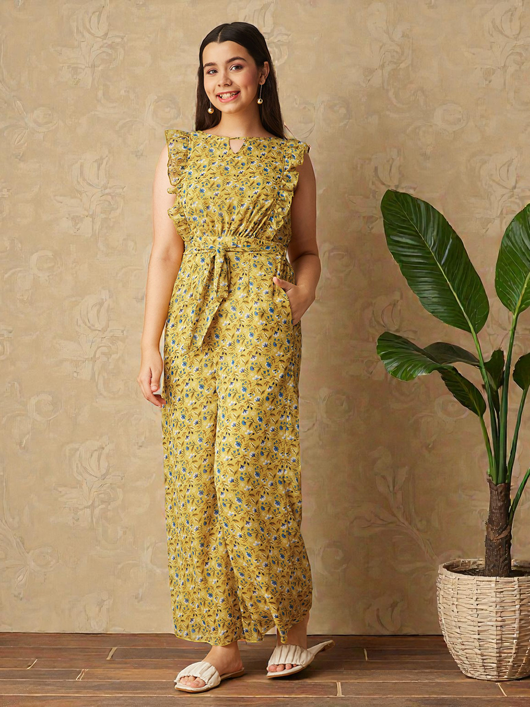 Multicolored-Base-Yellow Round neck Sleeveless Floral Wide-Leg Regular Jumpsuit for Girls/Teenagers