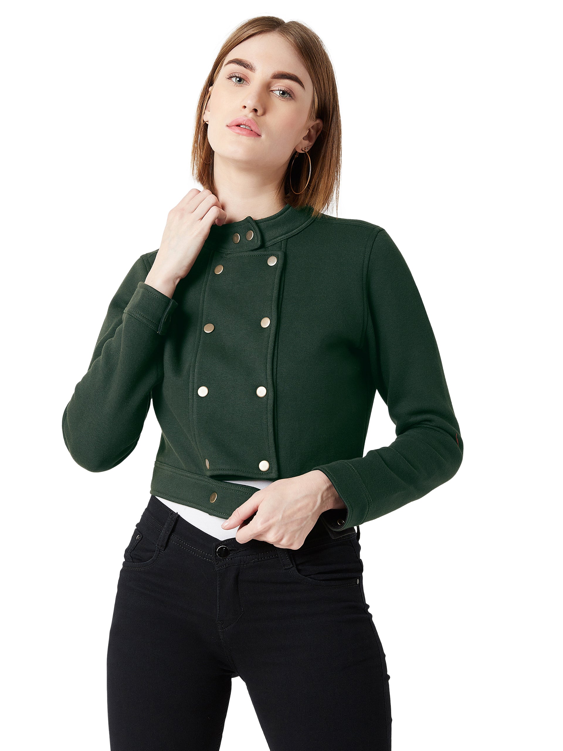 Green Round Neck Full Sleeves Cotton Paneled Cropped Jacket for Women
