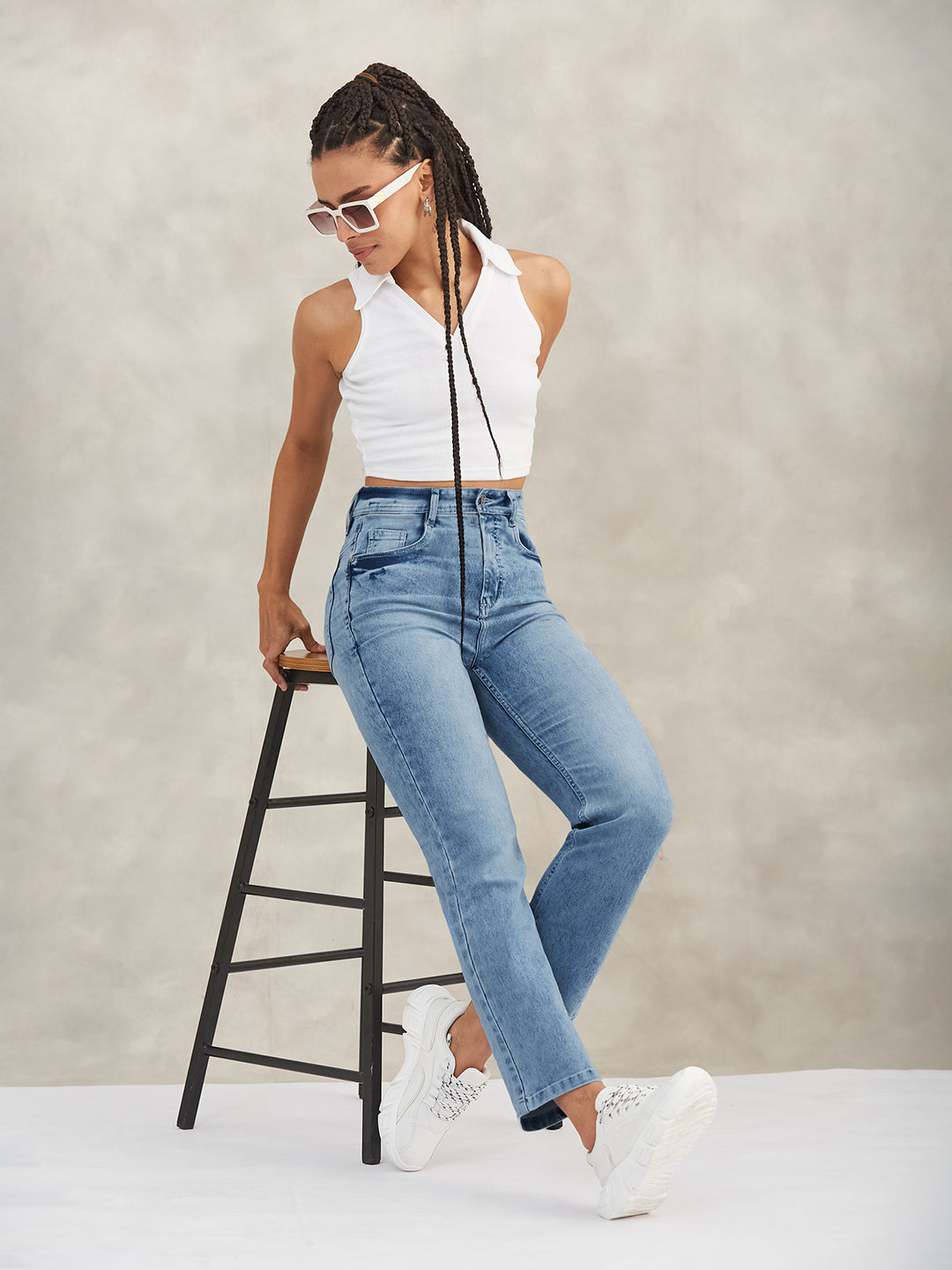 Women's Light Blue Wide-Leg Fit High-Rise Stretchable Denim Jeans