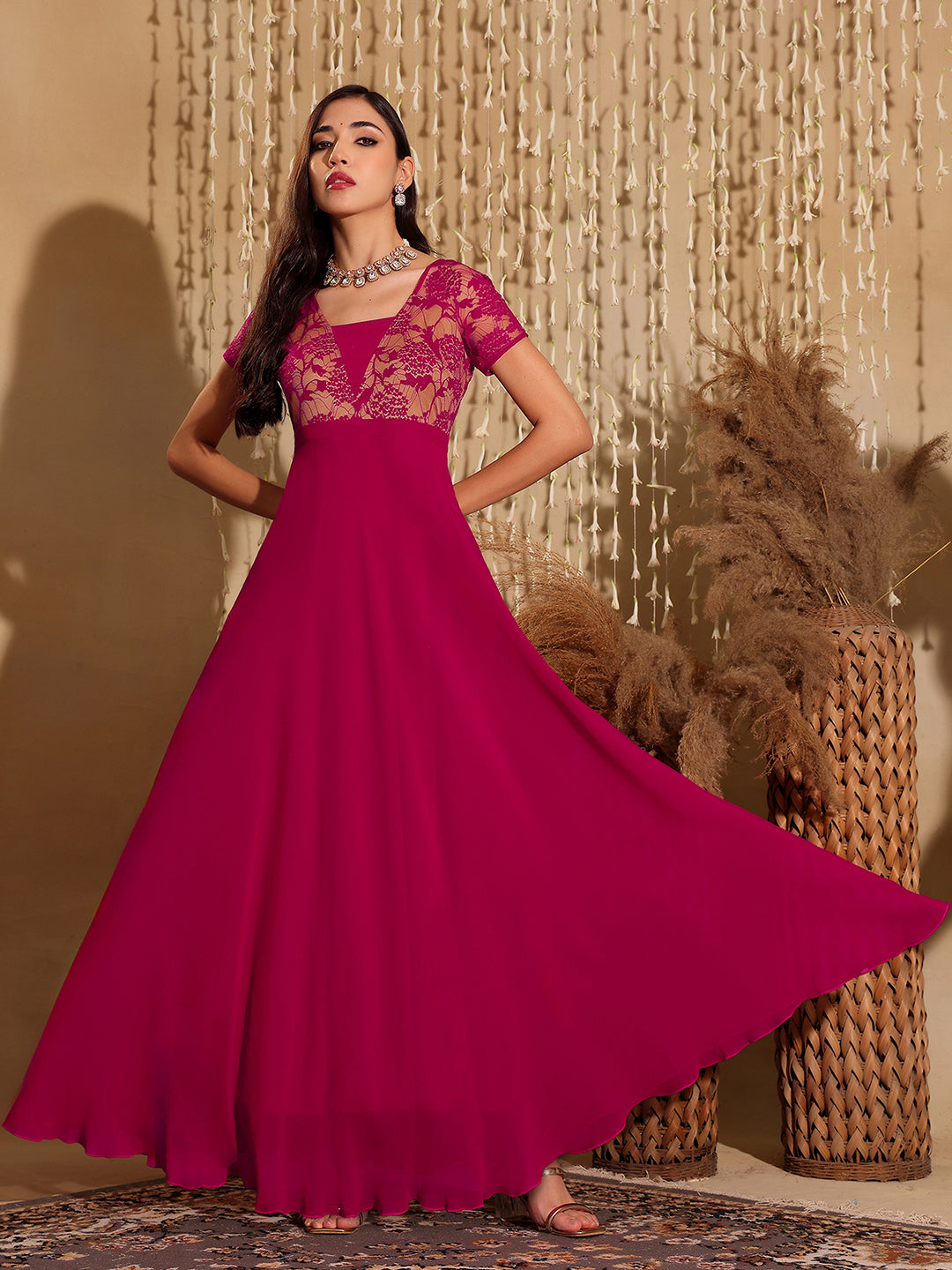 Women's Dark Pink Square Neck Raglan Short Sleeve Self Design Lace Overlaid Georgette Maxi Dress