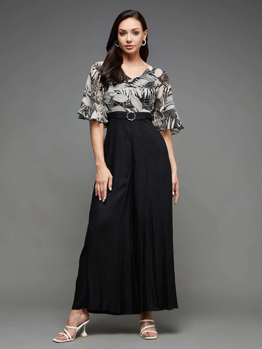 Women's Black V Neck Ruffled Sleeve Wide Leg Regular-Length Polyester Printed Jumpsuit