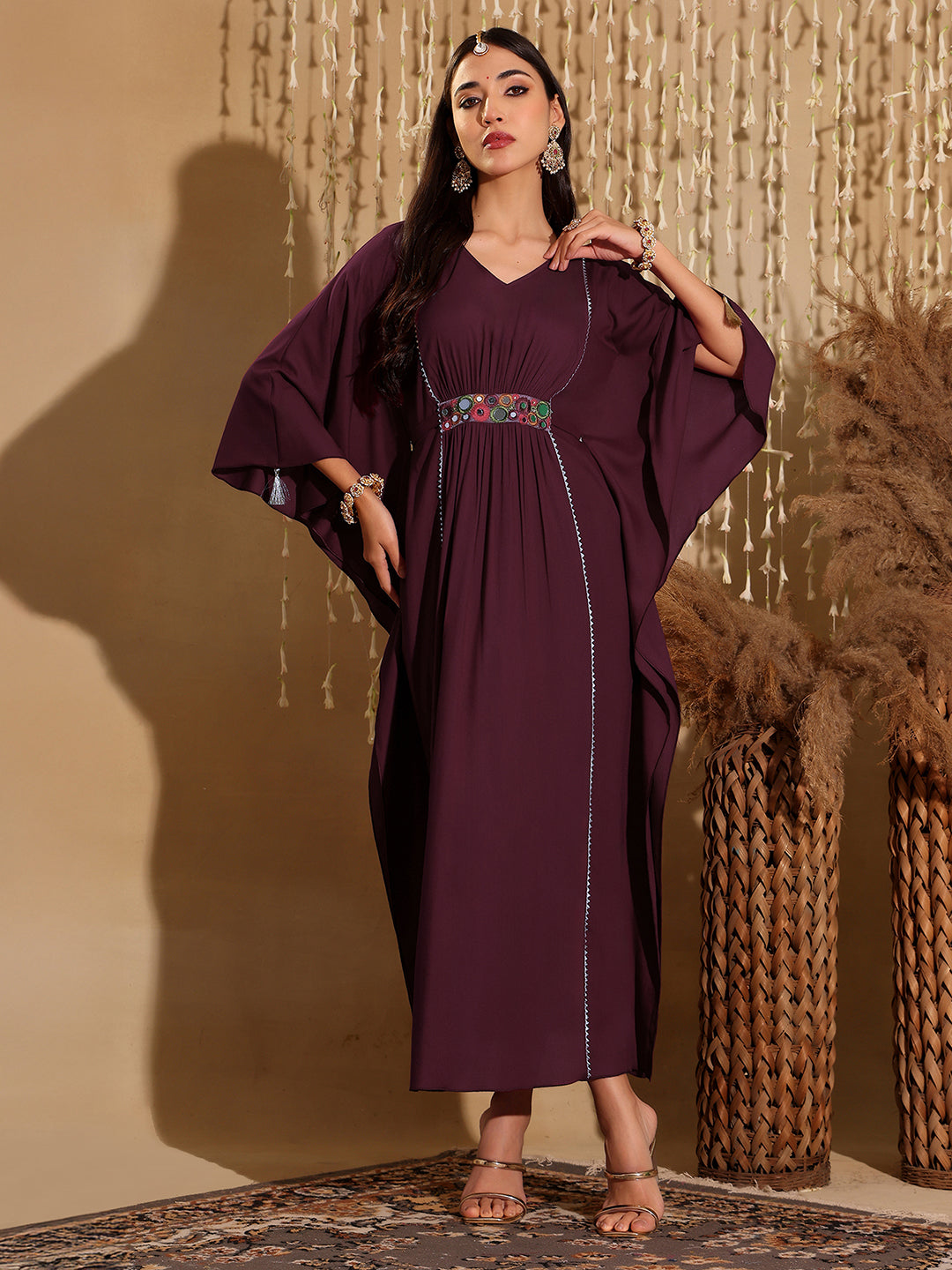 Women's Wine V-Neck 3/4 Sleeve Solid Viscose Rayon Maxi Kaftan Dress
