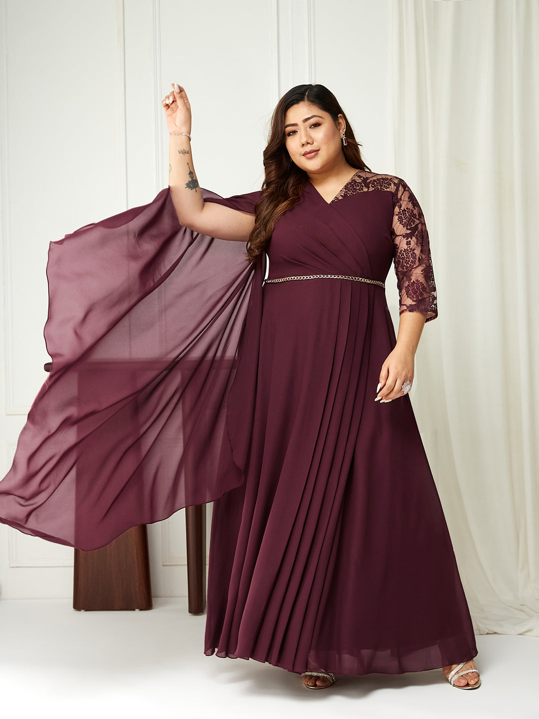 Women's Wine V-Neck Three-Quarter Sleeve Self-Designed Asymmetric Georgette Maxi Dress