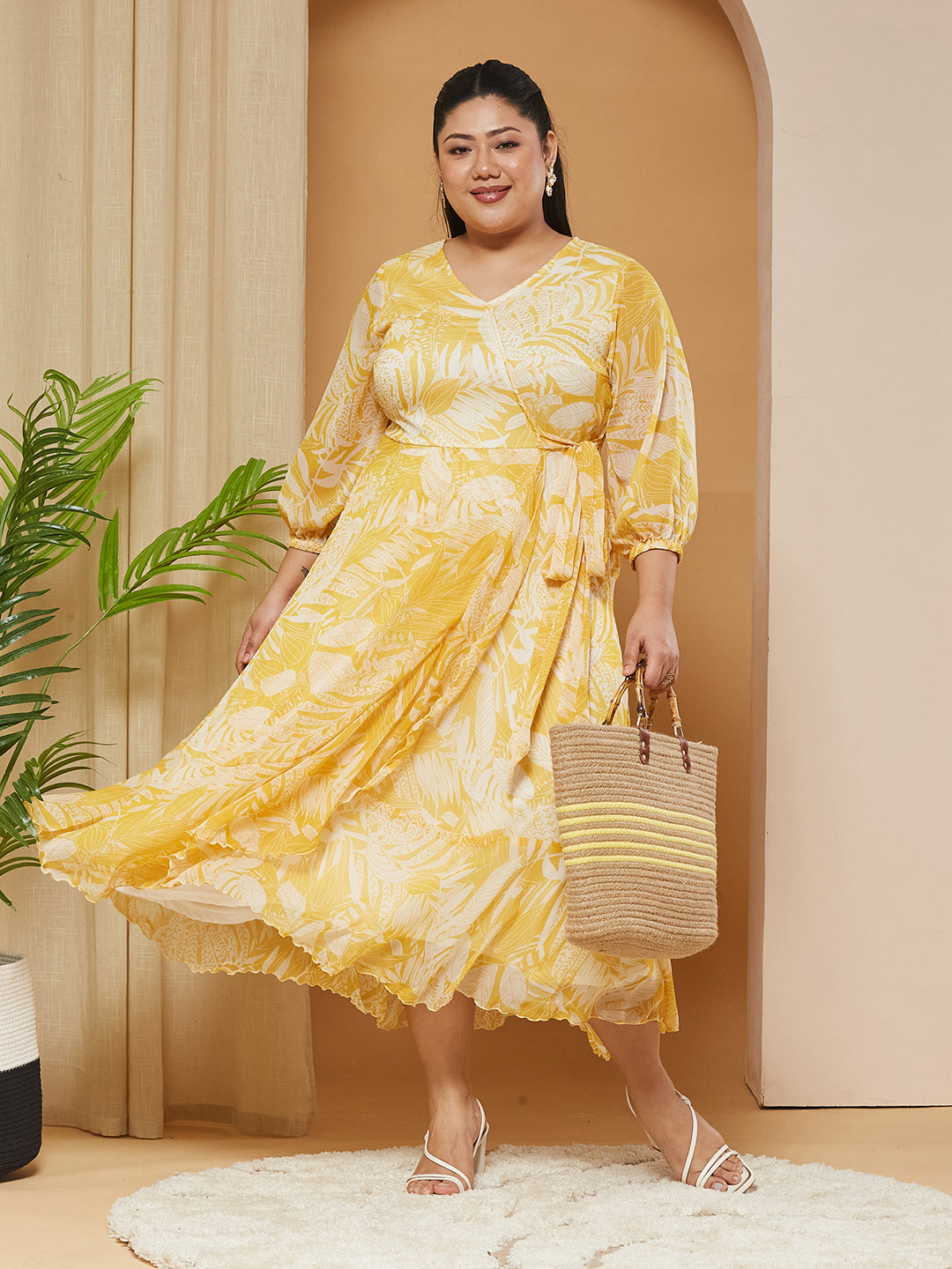 Yellow & White V-Neck Full-Sleeves Floral Layered Maxi Dress for Women