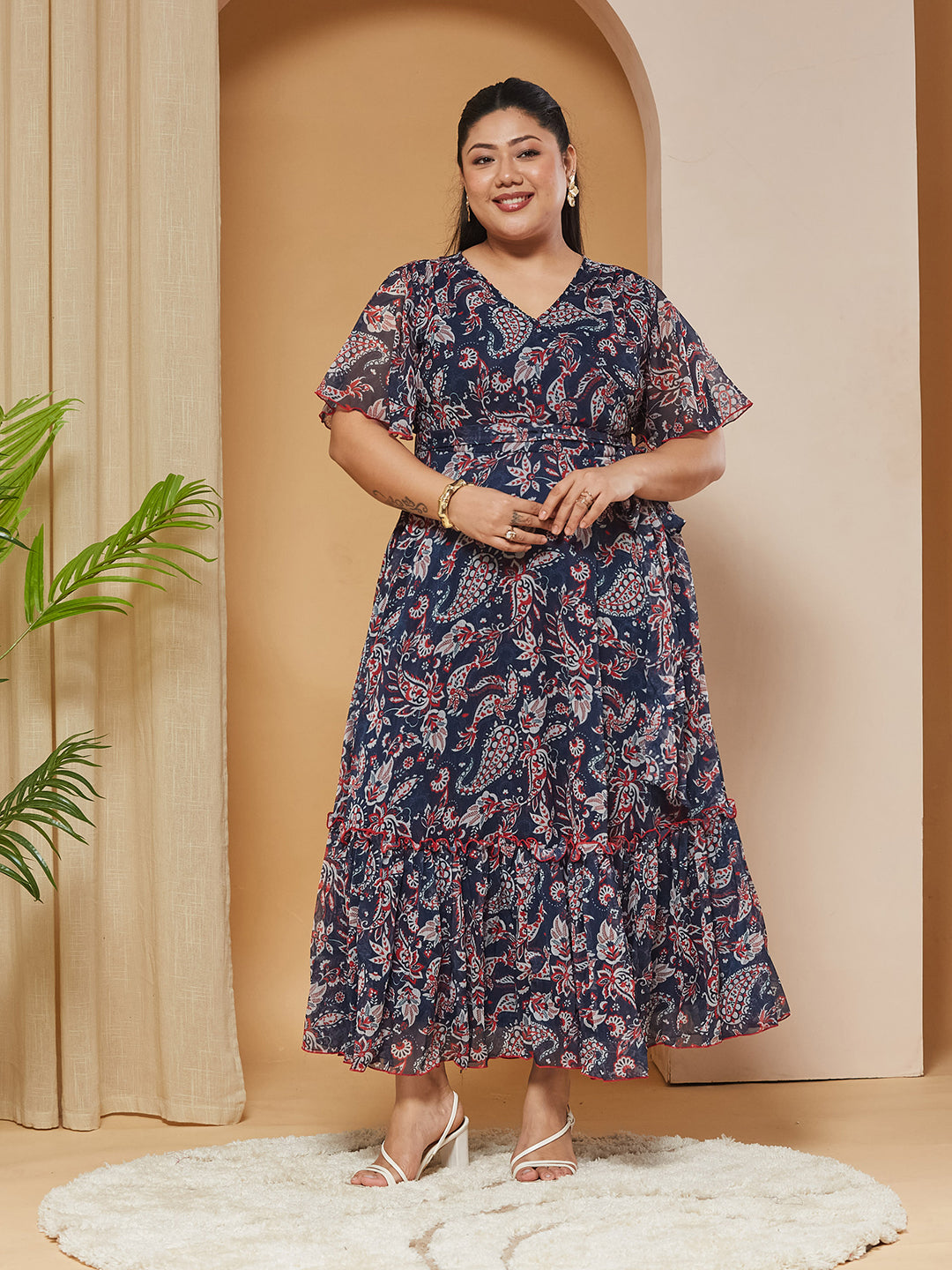 Multicolored Navy Floral Wrap Chiffon Maxi Dress with Flutter-Sleeves & Frilled Hem for Women