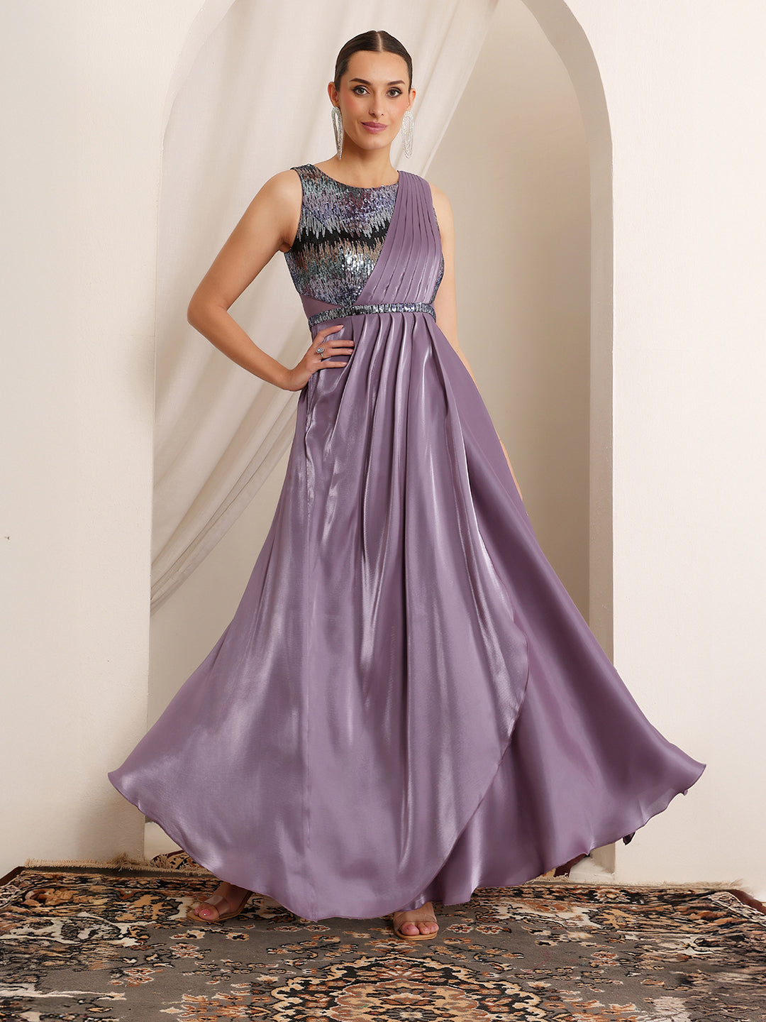 Women's Dusty Purple Round Neck Sleeveless Embellished Layered Satin Maxi Dress