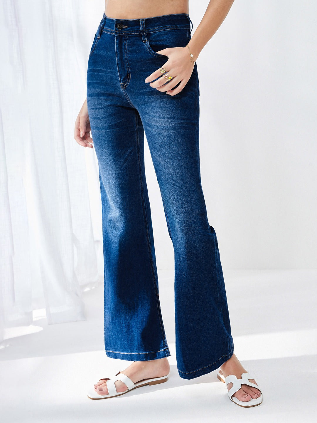 Blue Bootcut Mid Rise Regular Length Denim Stretchable Jeans for Women