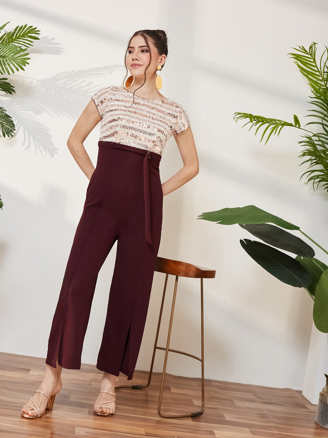 Wine & Beige Round Neck Short Sleeve Embellished Front Slit Fringed Regular Jumpsuit for Women