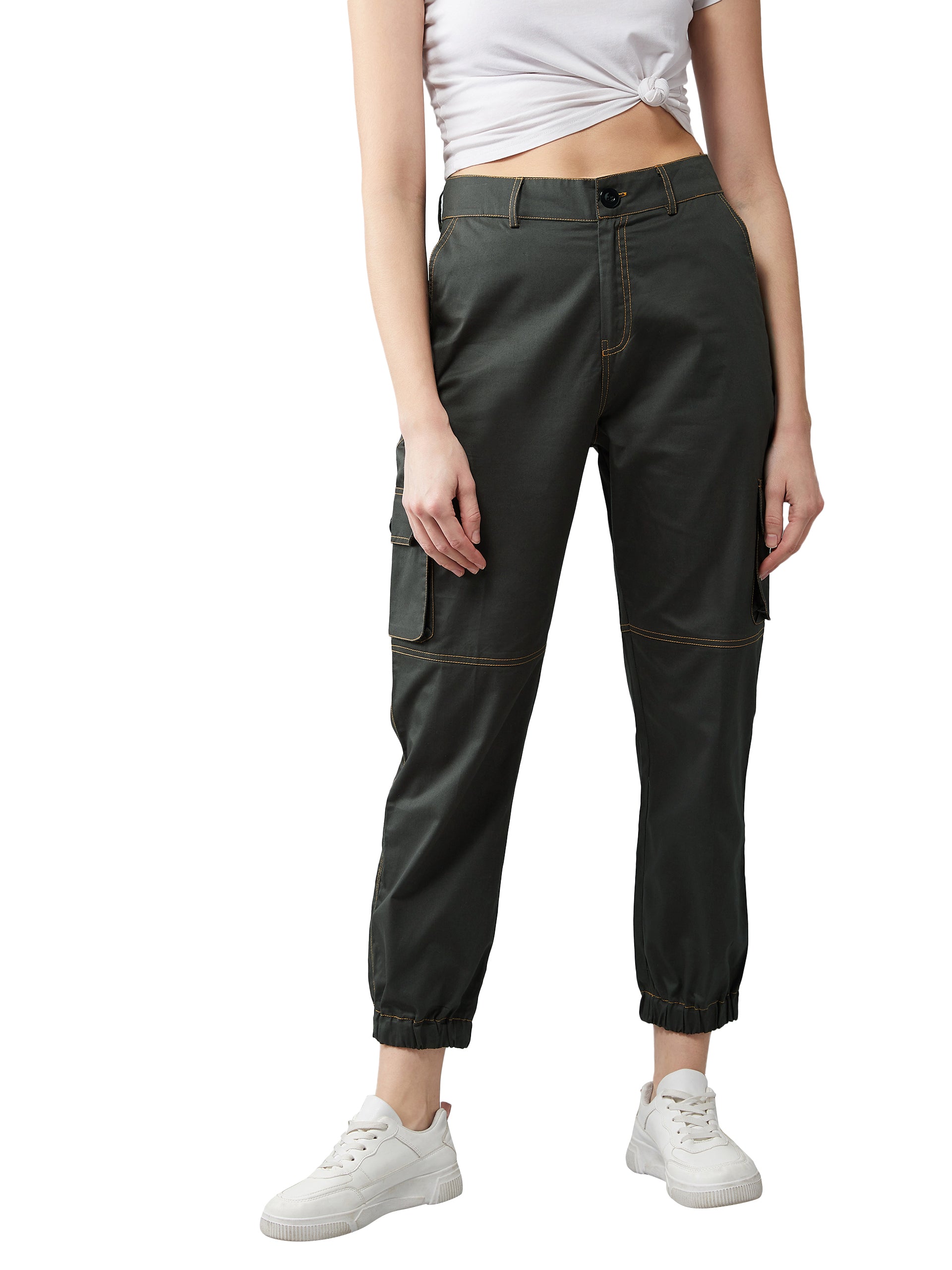 Women's Cotton Green Solid Regular Length Joggers