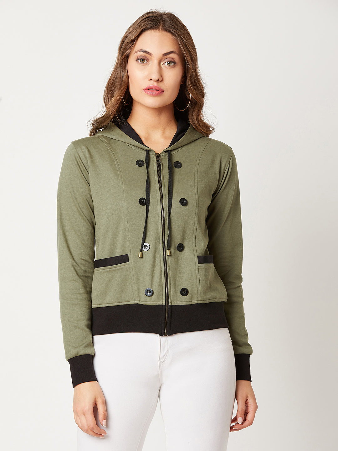 Women's Olive Green Hooded Full Sleeves Solid Drawstring and Eyelet Detailing Regular Length Jacket