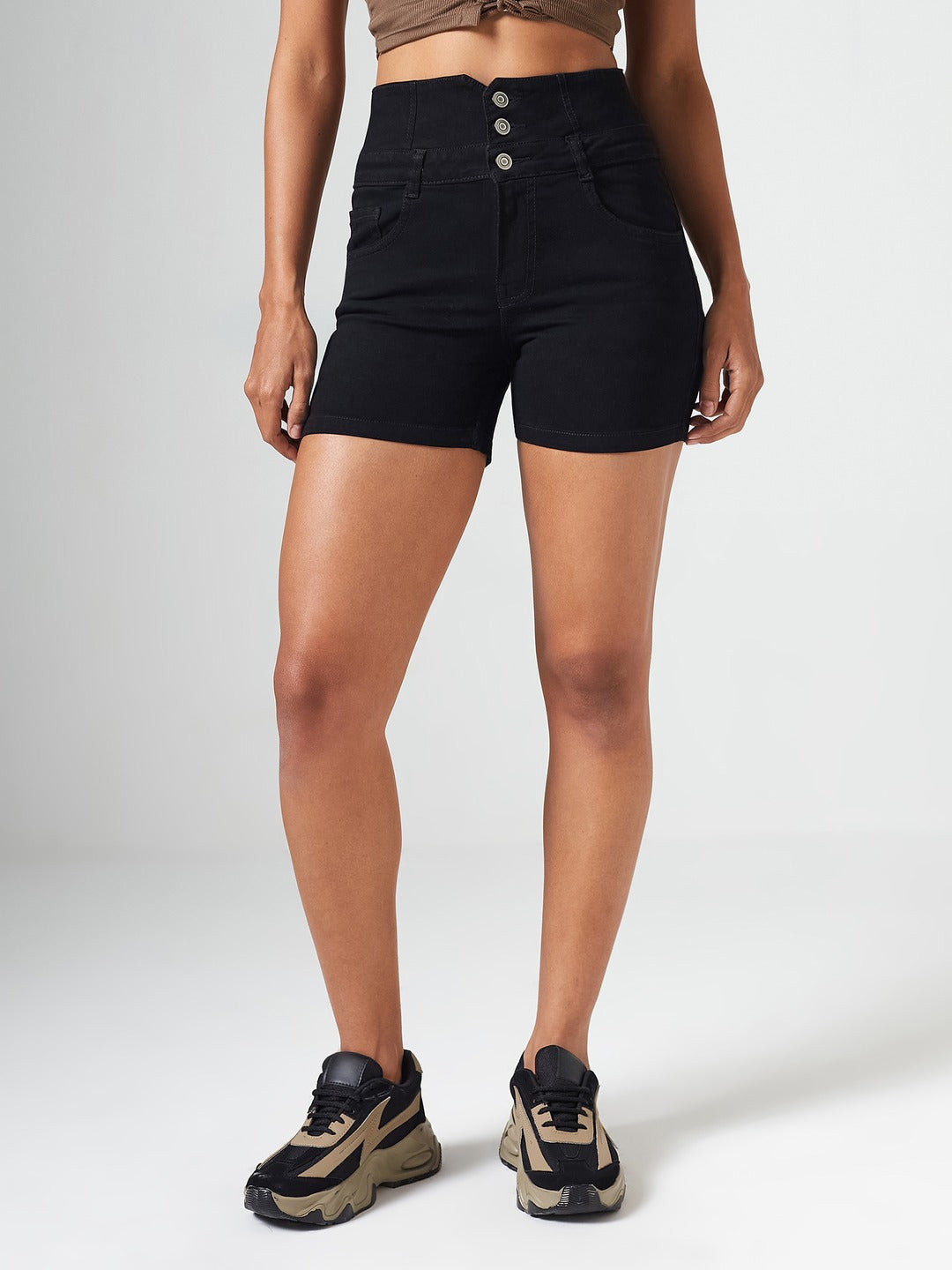 Black Regular-Fit High-Rise Clean-Look Regular-Length Stretchable Denim Shorts for Women