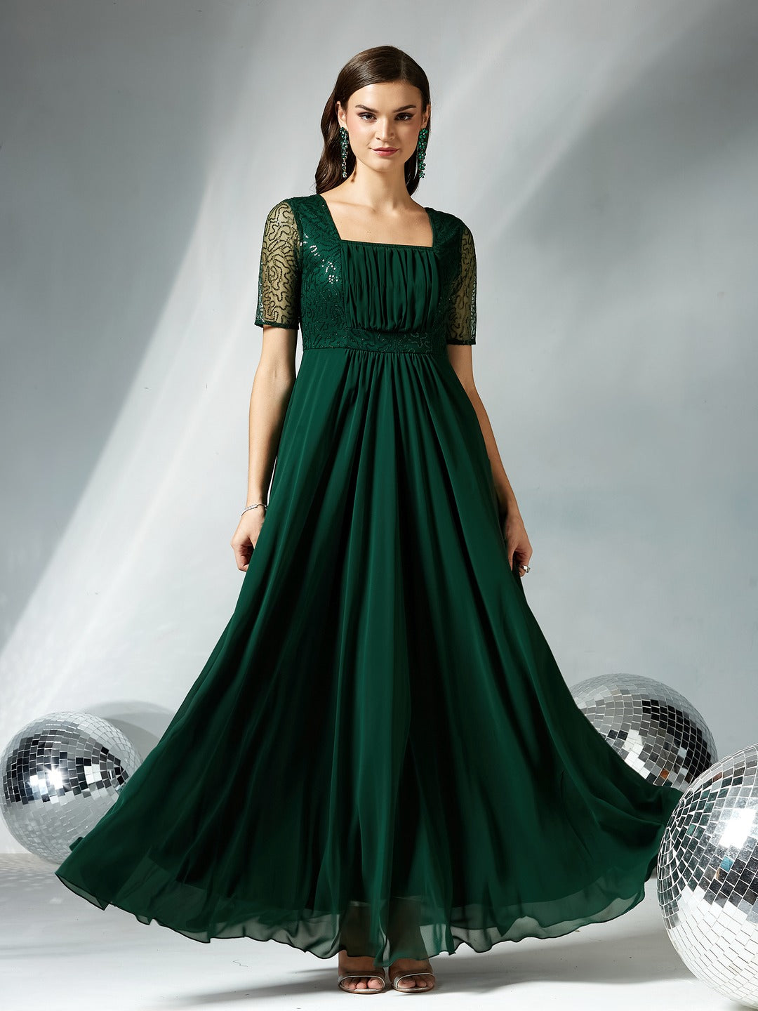 Dark Green Square Neck Half Sleeve Solid Embellished Maxi Dress for Women