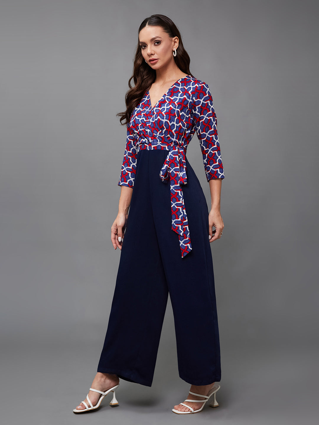 Women's Multicolored-Base-Navy Blue V-Neck Three-Quarter Sleeve Geometric Patterned Wrap Regular-Length Polyester Jumpsuit