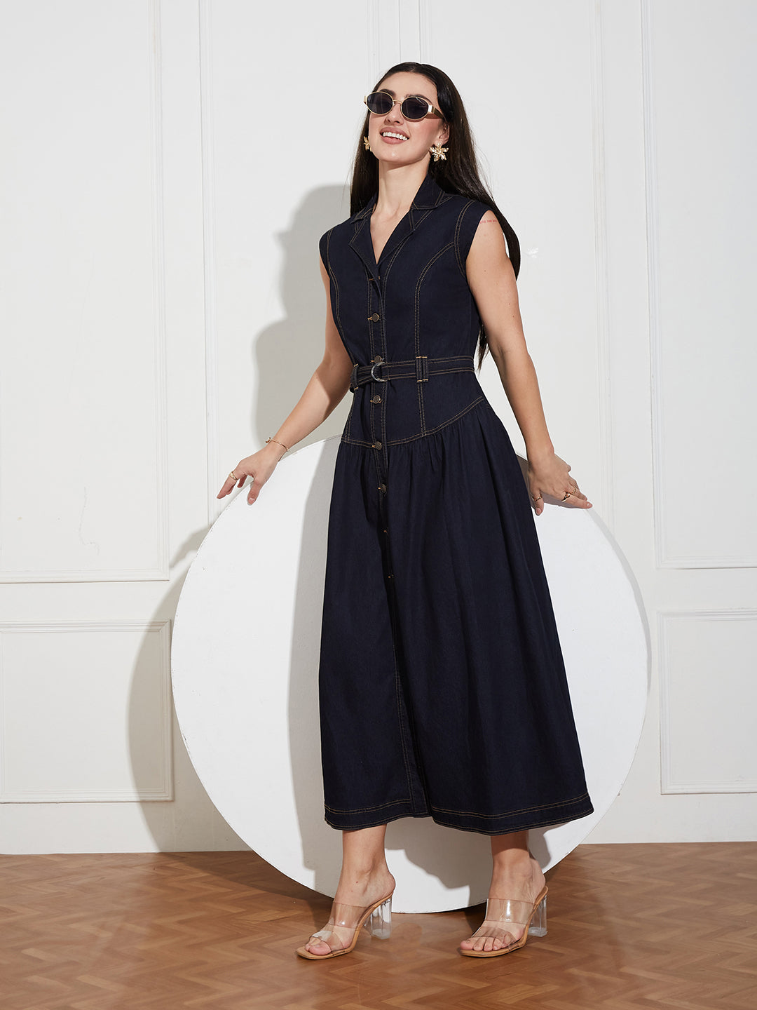 Women's Dark Blue Notched-Collar Sleeveless Solid Drop Waist Maxi-Length Light Weight Denim Shirt Dress
