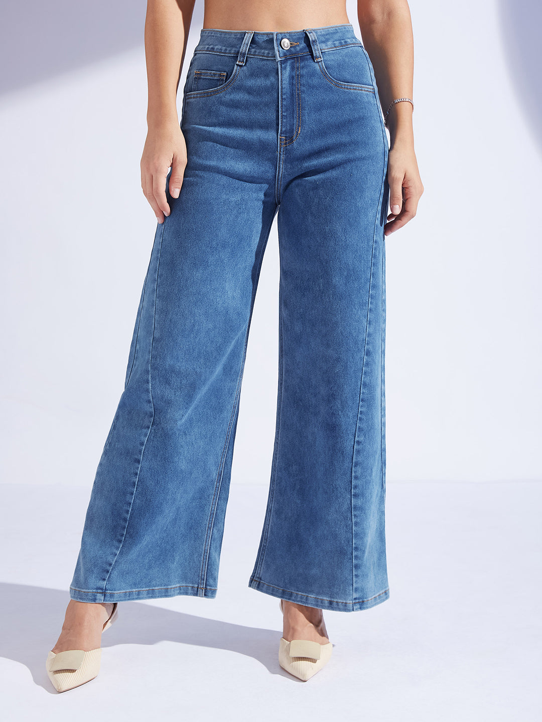 Women's Mid Blue Wide Leg High-Rise Curved Panel Stretchable Denim Jeans