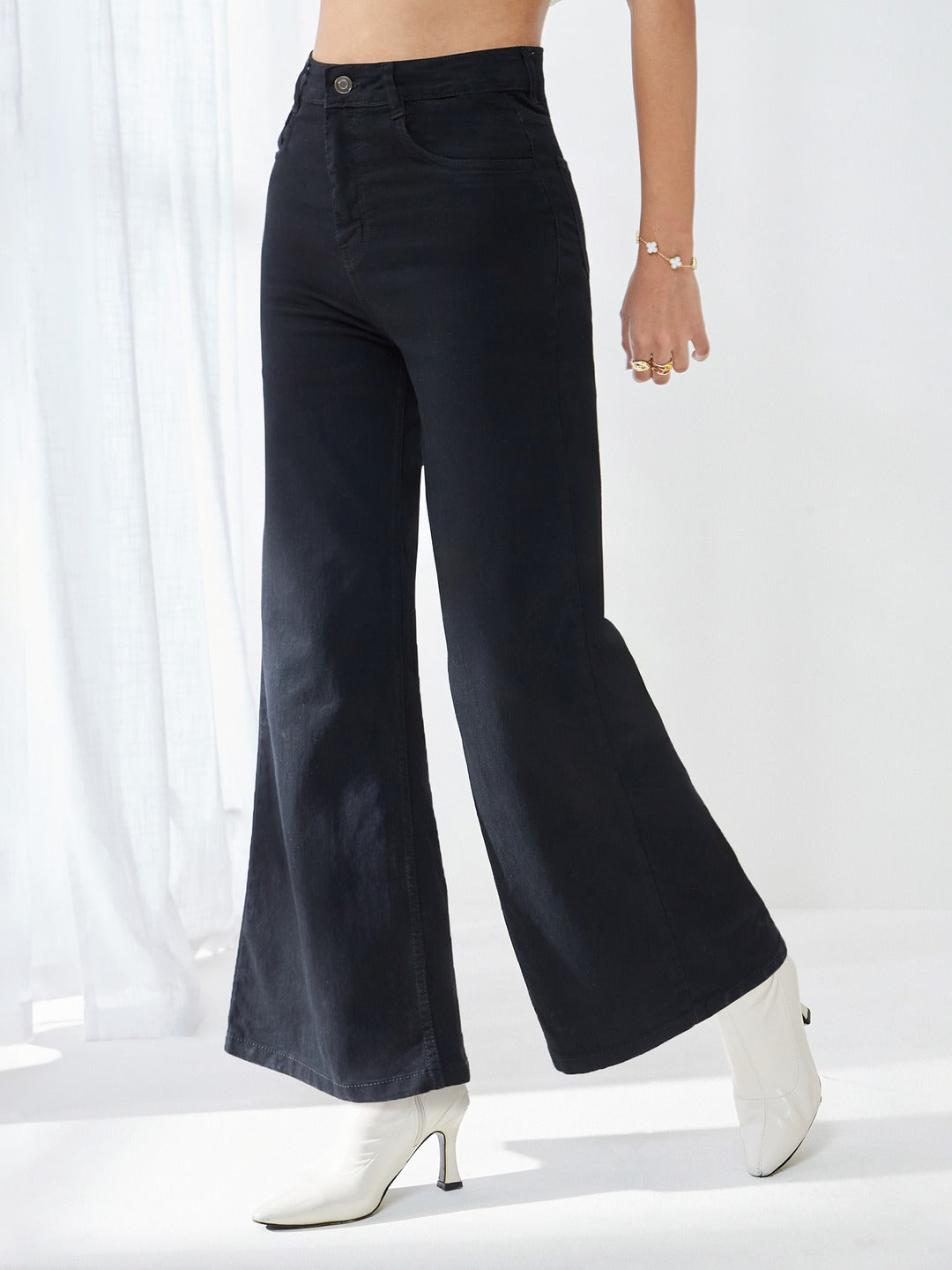 Black Wide Leg High Rise Clean Look Regular-Length Stretchable Denim Jeans for Women
