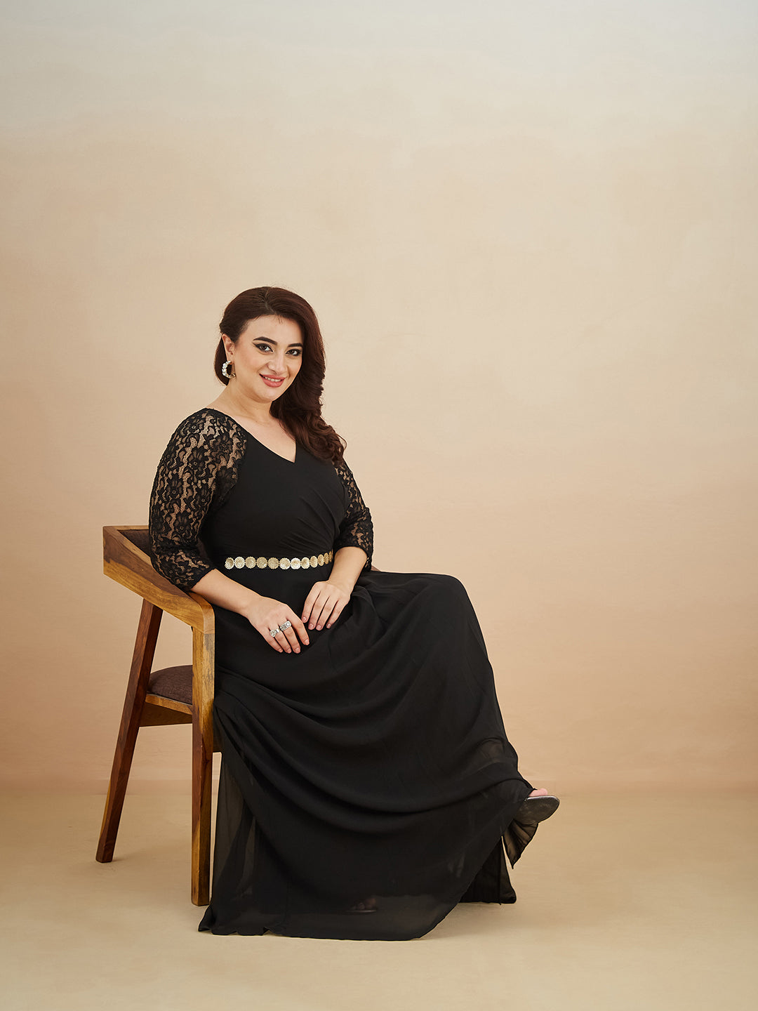 Black V-Neck Raglan Embellished Wrap Maxi Georgette Dress for Women