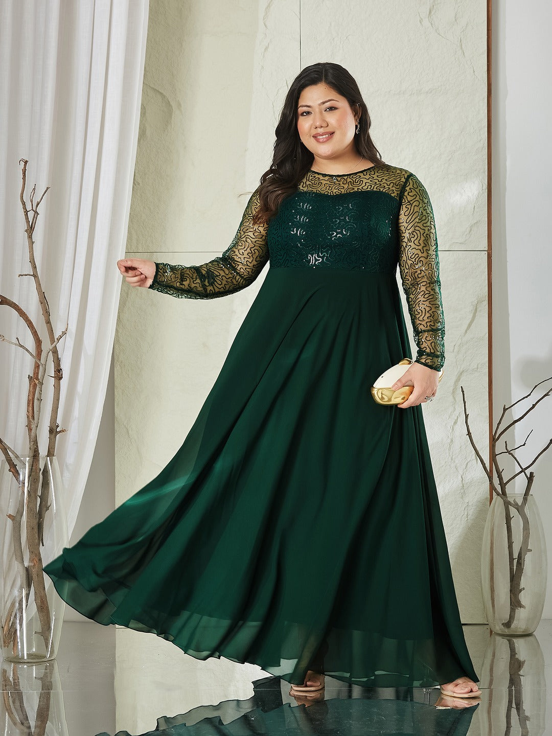 Dark Green Solid Embellished Maxi Dress for Women