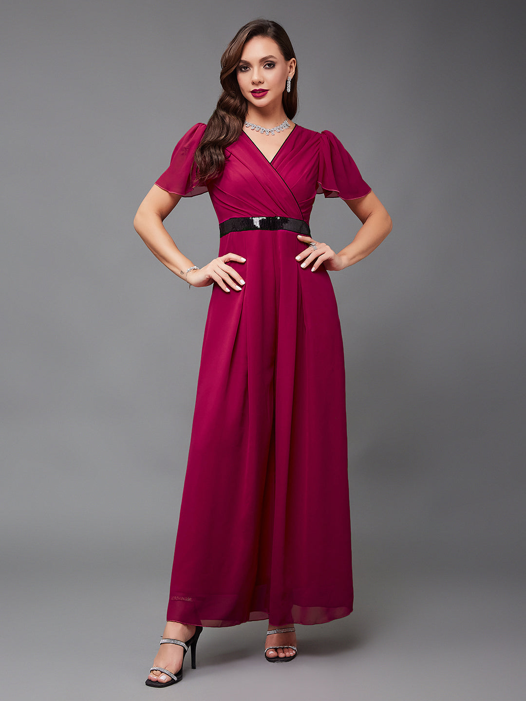 Women's Cocktail Pink Solid Relaxed Fit Short Sleeve V-Neck Ankle-Length Straight Jumpsuit