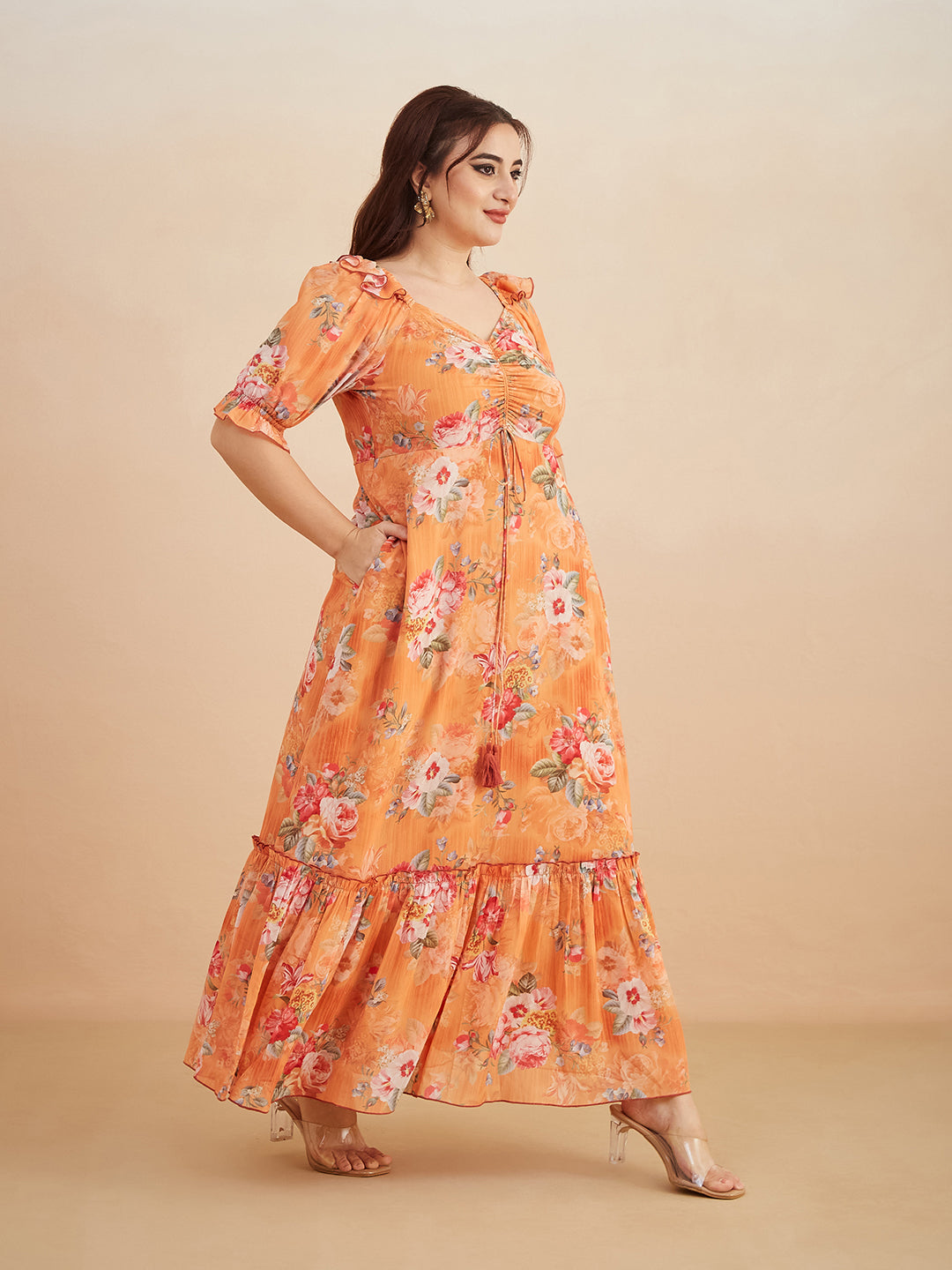 Multicolored-Base-Orange V-Neck Puff Sleeve Floral Ruching Ankle-Length Dress for Women