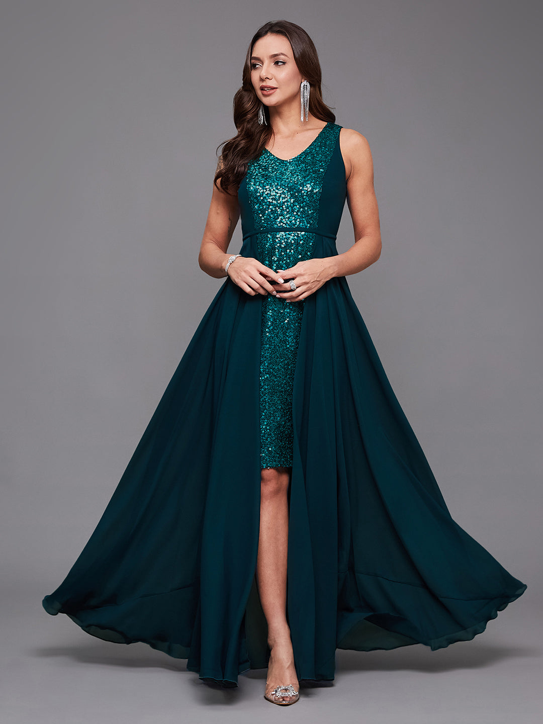 Women's Teal V-Neck Sleeveless Sequined Layered Georgette Party Maxi Dress