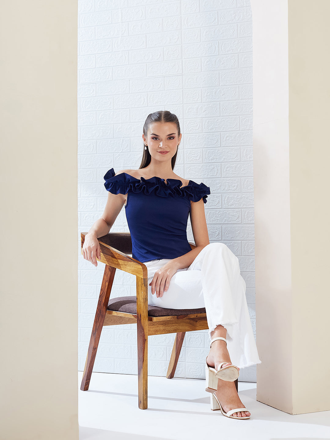 Navy Blue Off Shoulder Sleeveless Solid Ruffled Frilled Gathered Bardot Top for Women