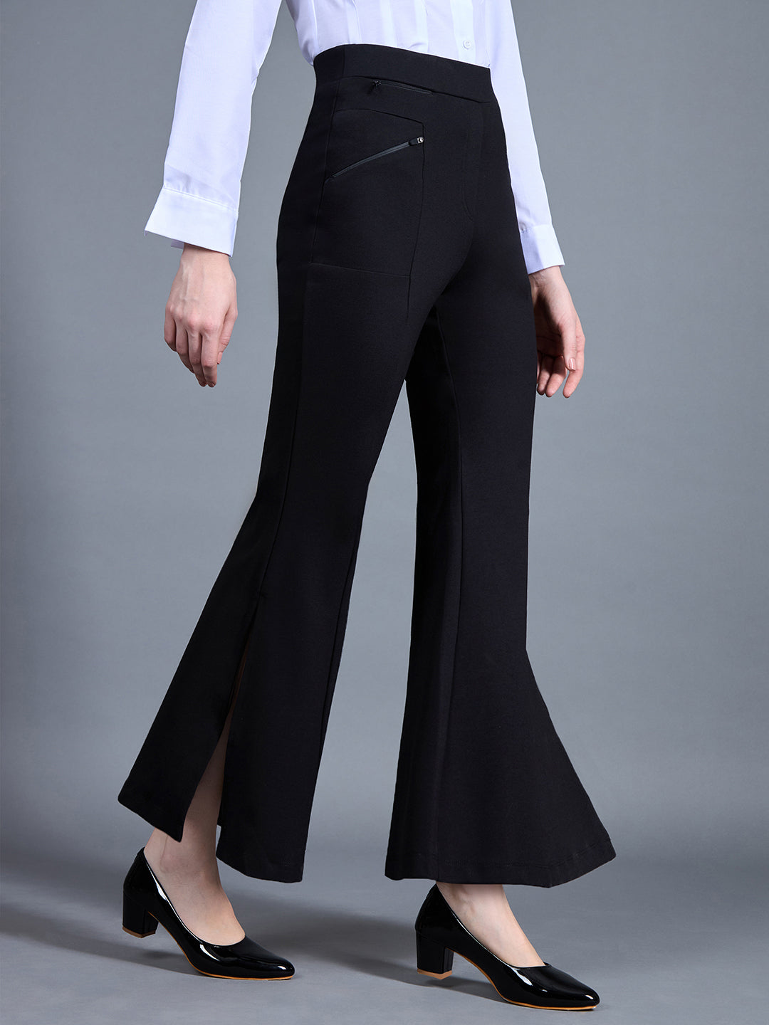 Women's Black Viscose Solid Side Slit Bootcut Regular Trouser