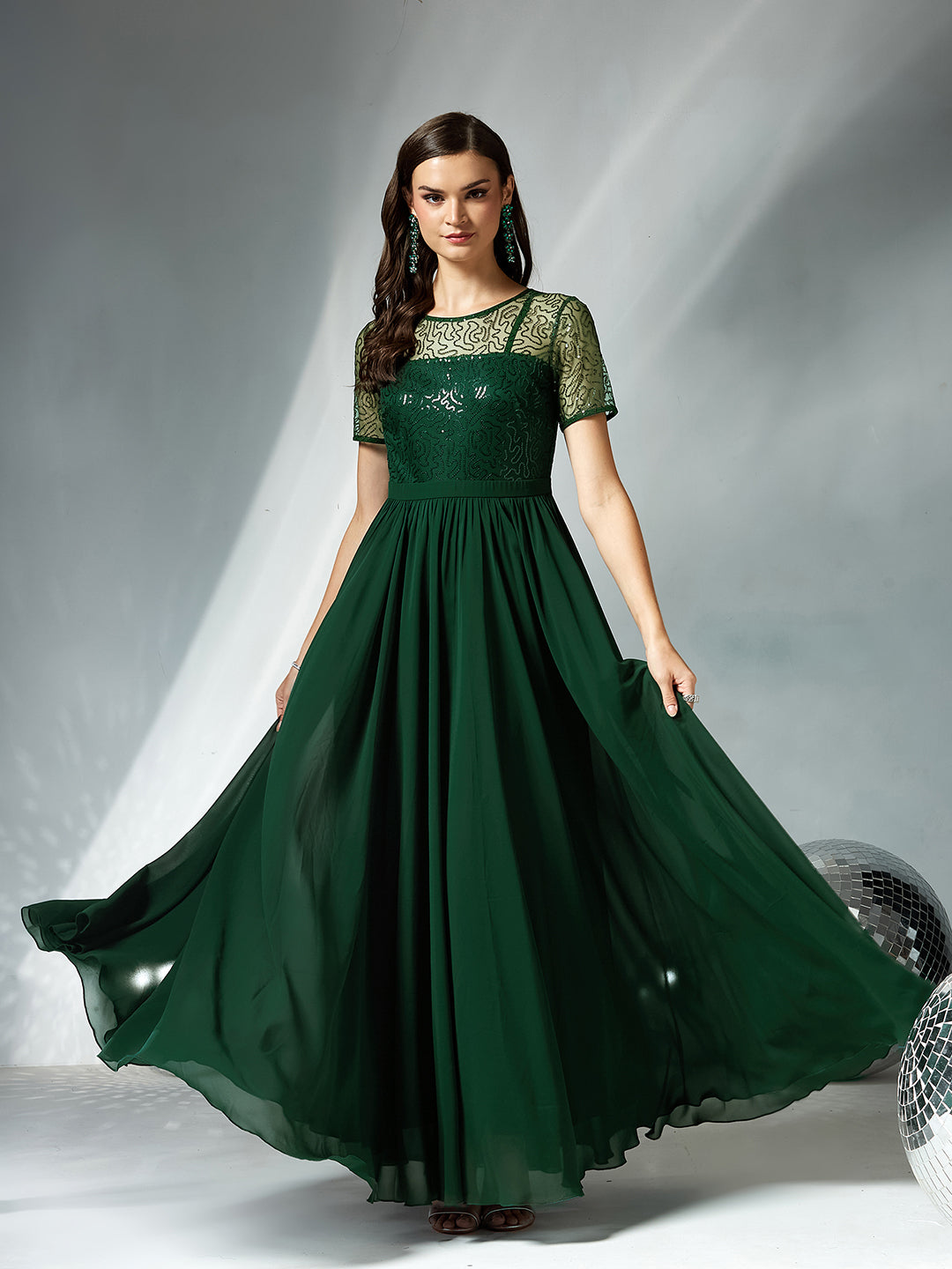 Dark Green Relaxed Fit Maxi Georgette & Sequins Dress for Women