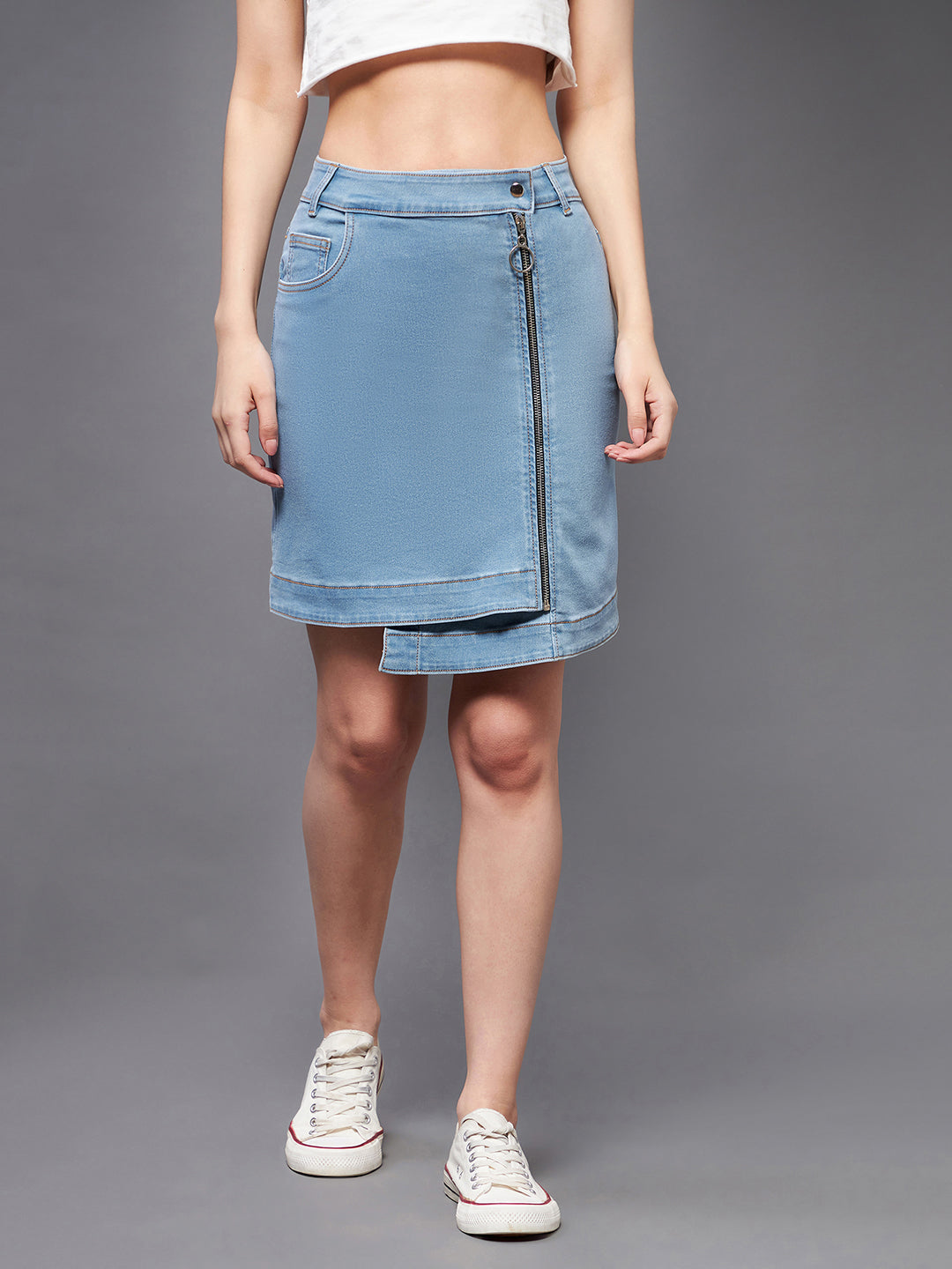 Women's Light Blue Regular High rise Clean look Above Knee Stretchable Denim Skirt