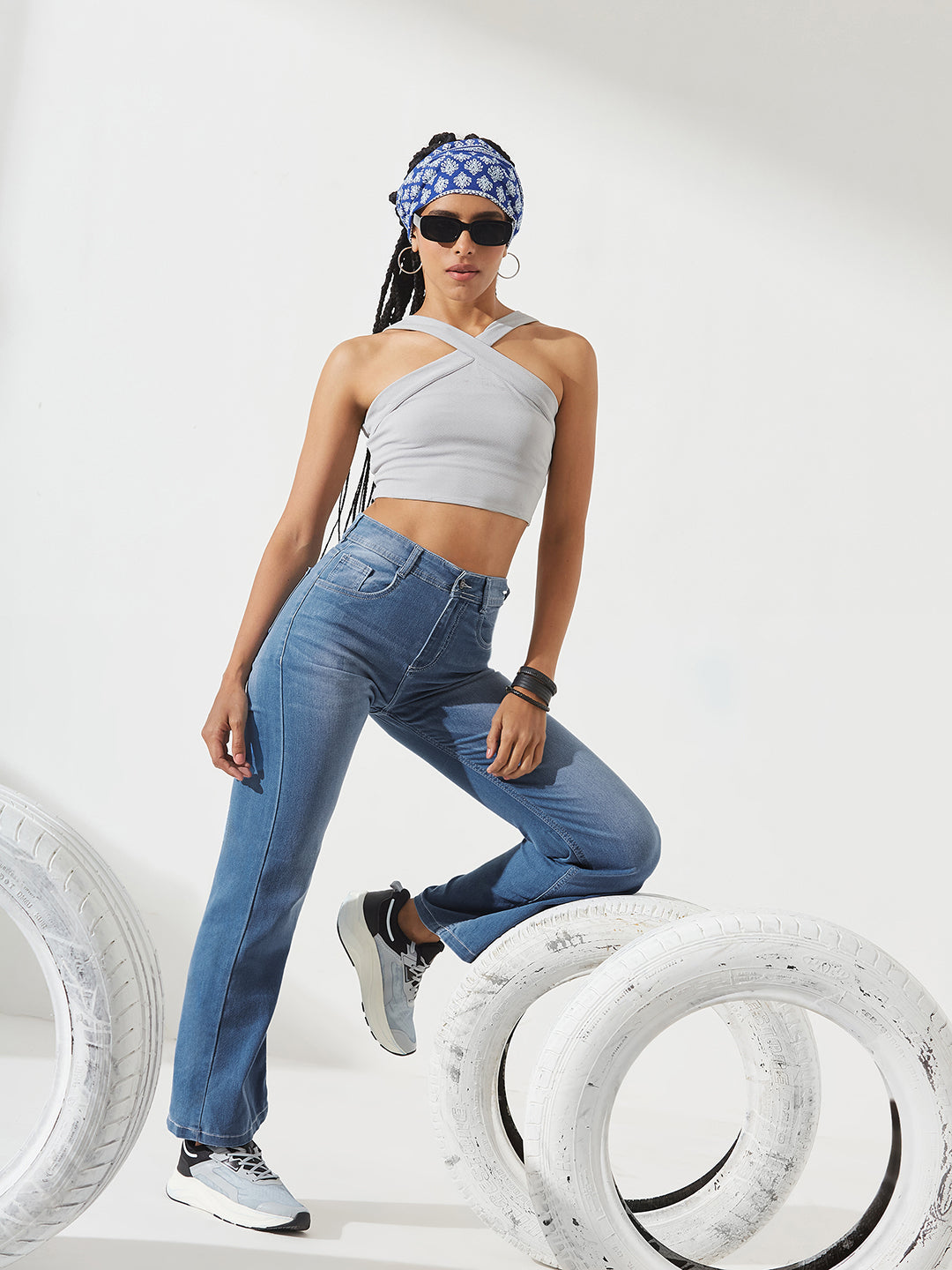 Light Blue Wide-Leg Mid-Rise Blast Effect Light Weight Denim Jeans For Women