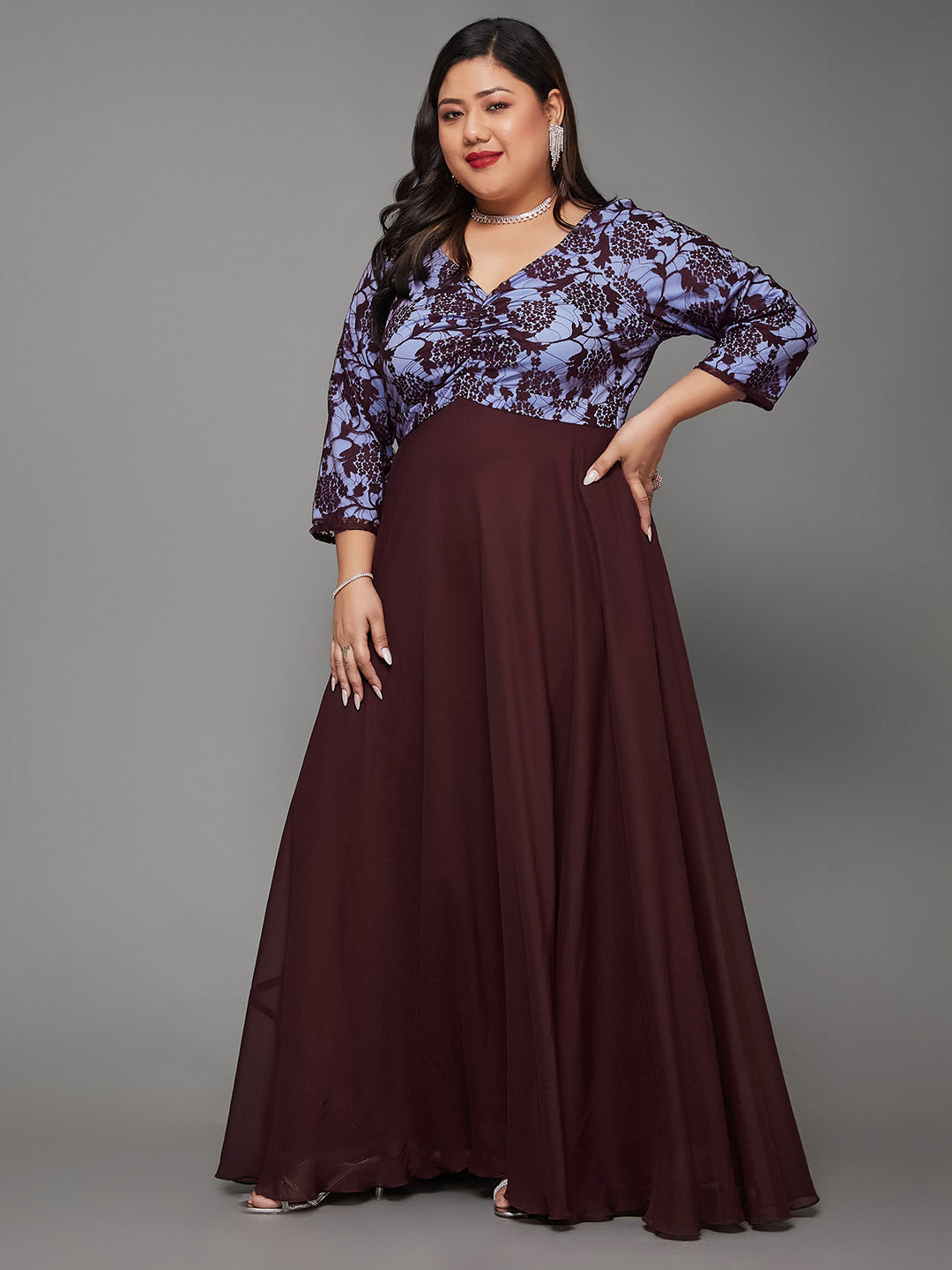 Wine Sweet heart neck 3/4 Sleeve Self Design Fit & Flare Maxi Dress for Women