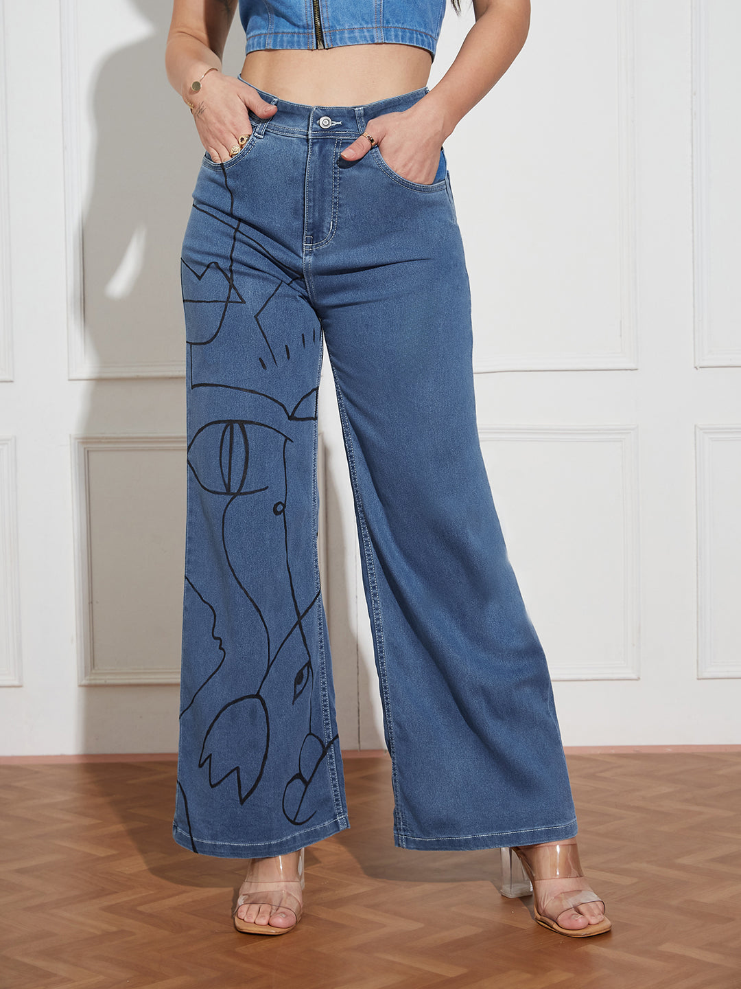 Women's Blue Wide Leg High Rise Hand Painted Clean Look Stretchable Denim Jeans