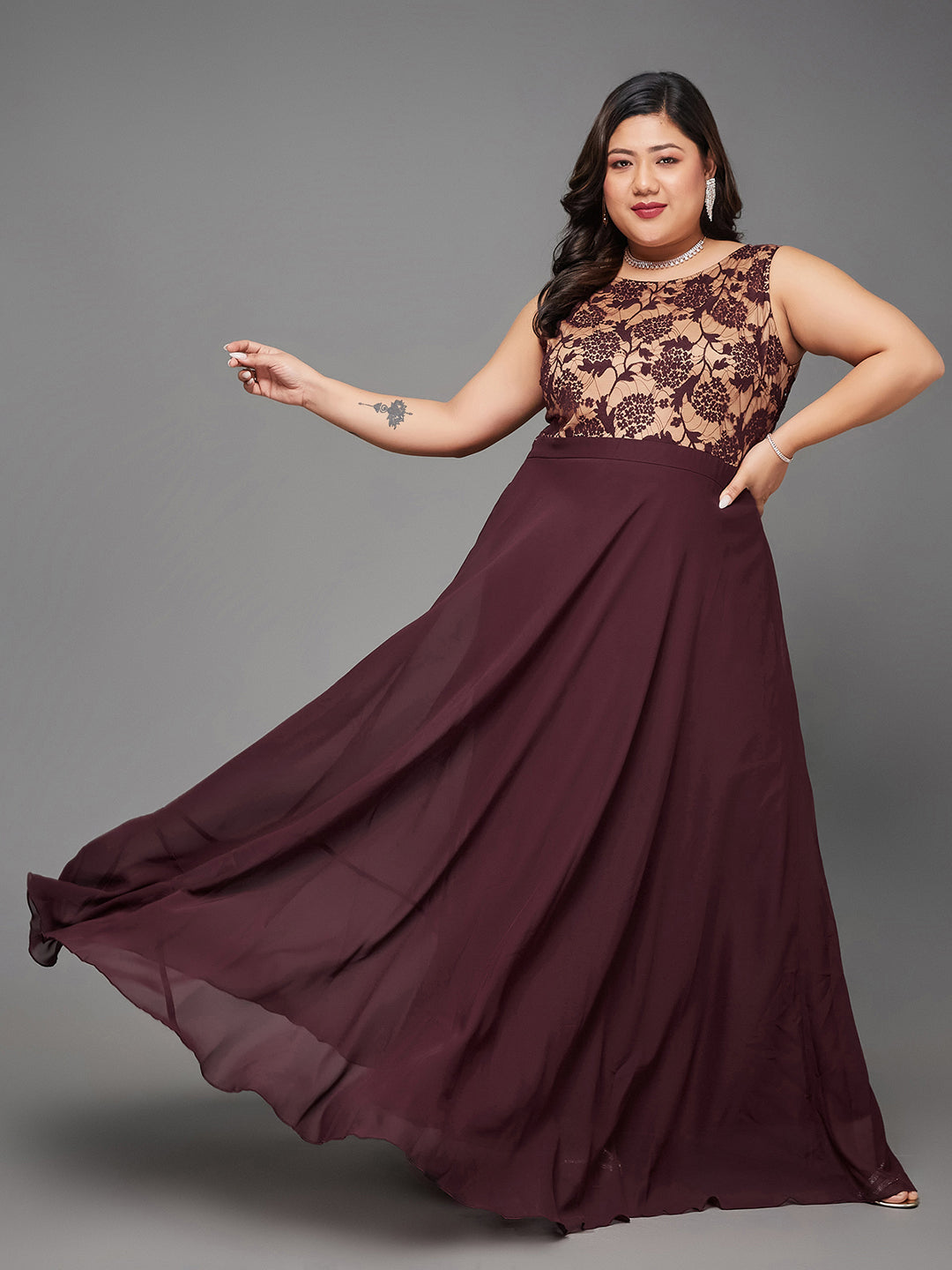 Beige & Wine Round Neck Sleeveless Georgette Floral Lace Fit & Flare Maxi Dress for Women