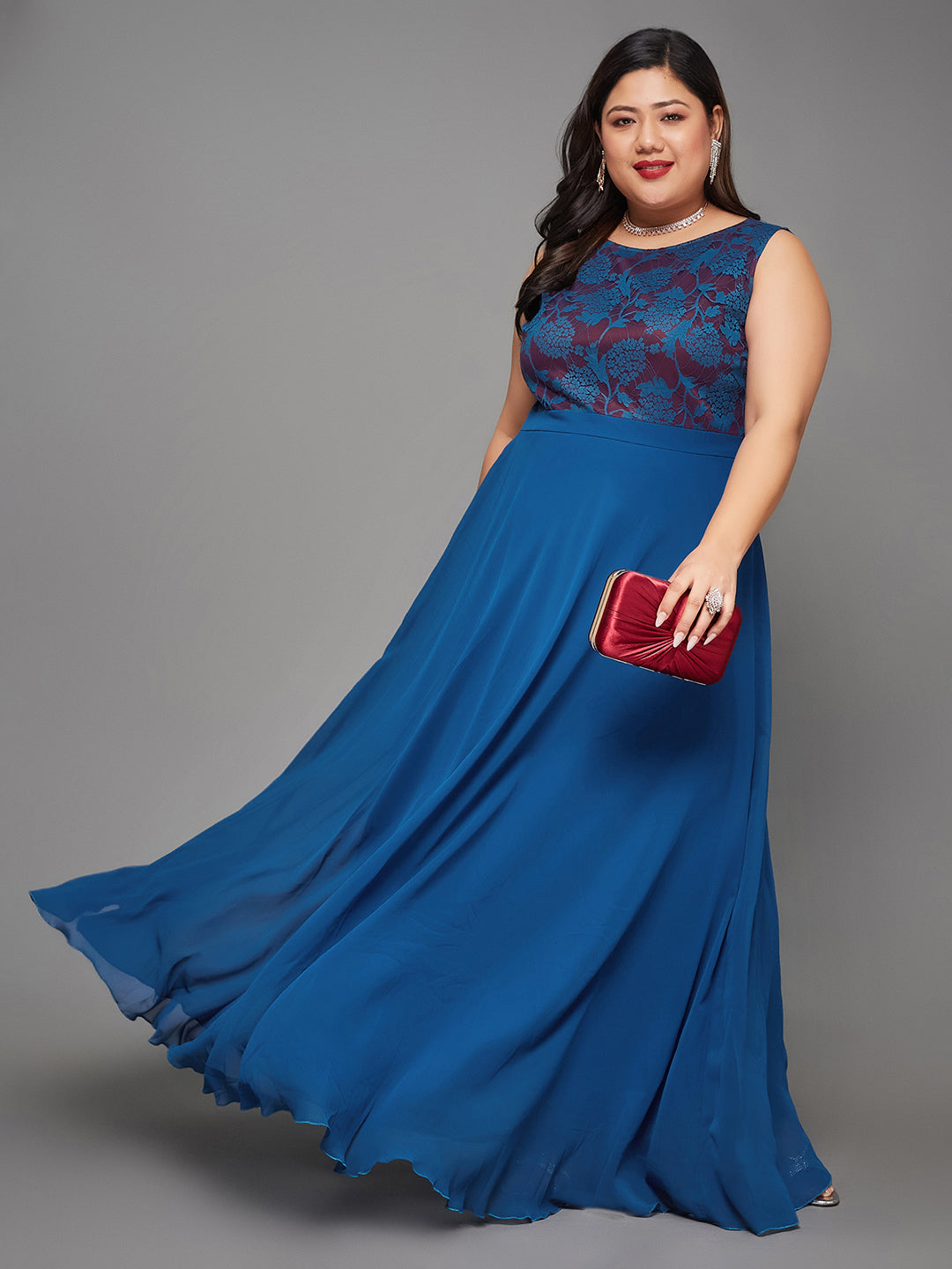 Women's Royal Blue Round Neck Sleeveless Georgette Floral Lace Fit & Flare Maxi Dress