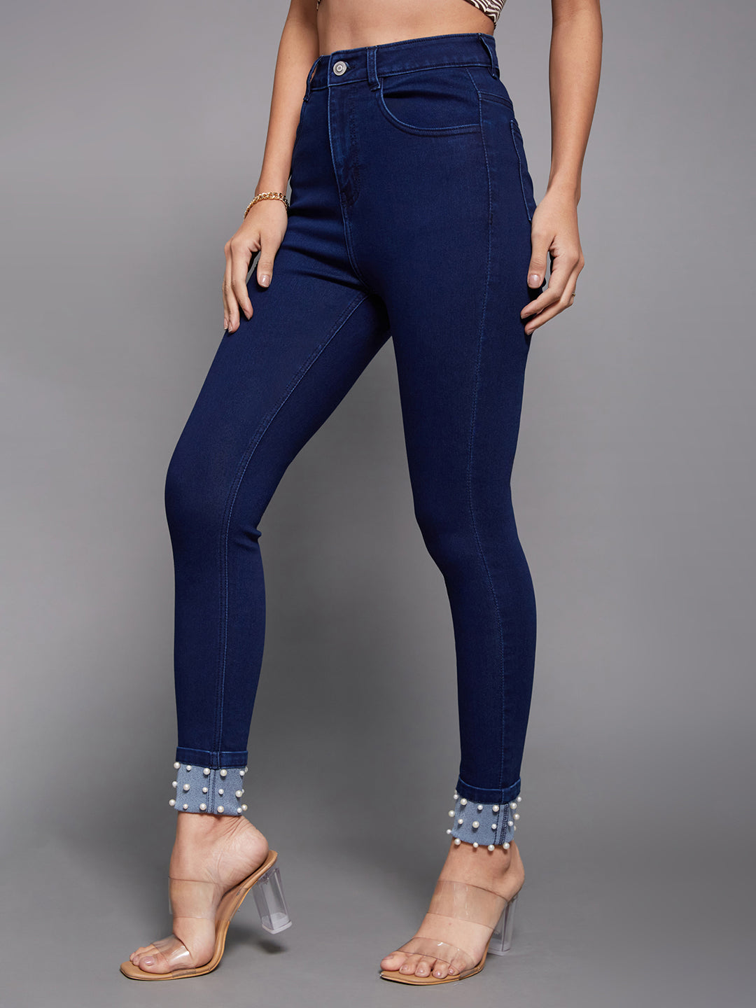 Women's Navy Blue Skinny Fit High Rise Regular Length Pearl Embellished On The Hem Denim Stretchable Jeans